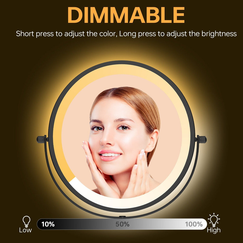 8 Round Wall Mount Bathroom Makeup Mirror, Rechargeable, Magnification 1x/10x, 3 Color Lights