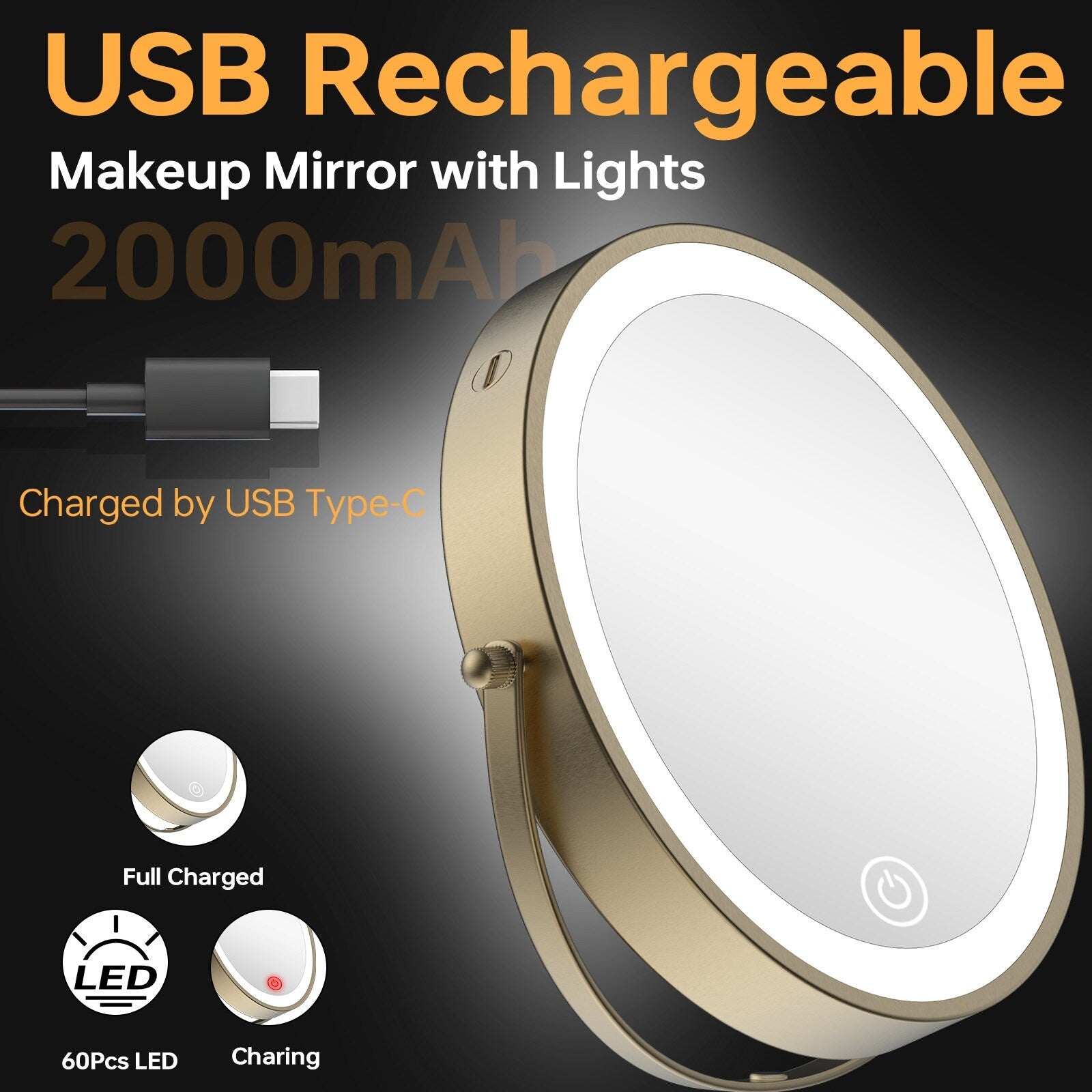 8 Round Wall Mount Bathroom Makeup Mirror, Rechargeable, Magnification 1x/10x, 3 Color Lights