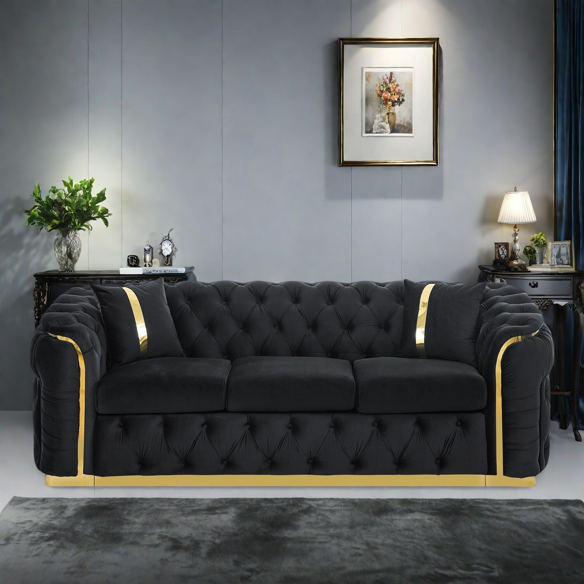 90.6 Velvet 3-Seater Sofa with 2 Pillows High-Density Cushions, Gold Accents, and Pillows