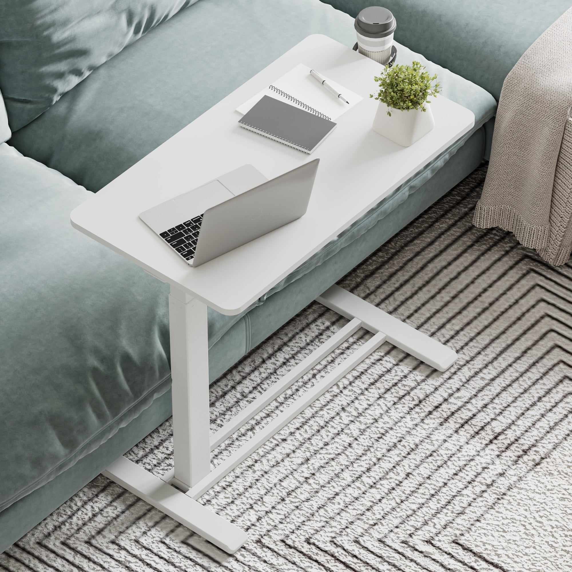 FunniHomi 28/32 Movable Overbed Table Height Adjustable Computer Desk with Wheels, White/Black Laptop Table for Bed and Sofa