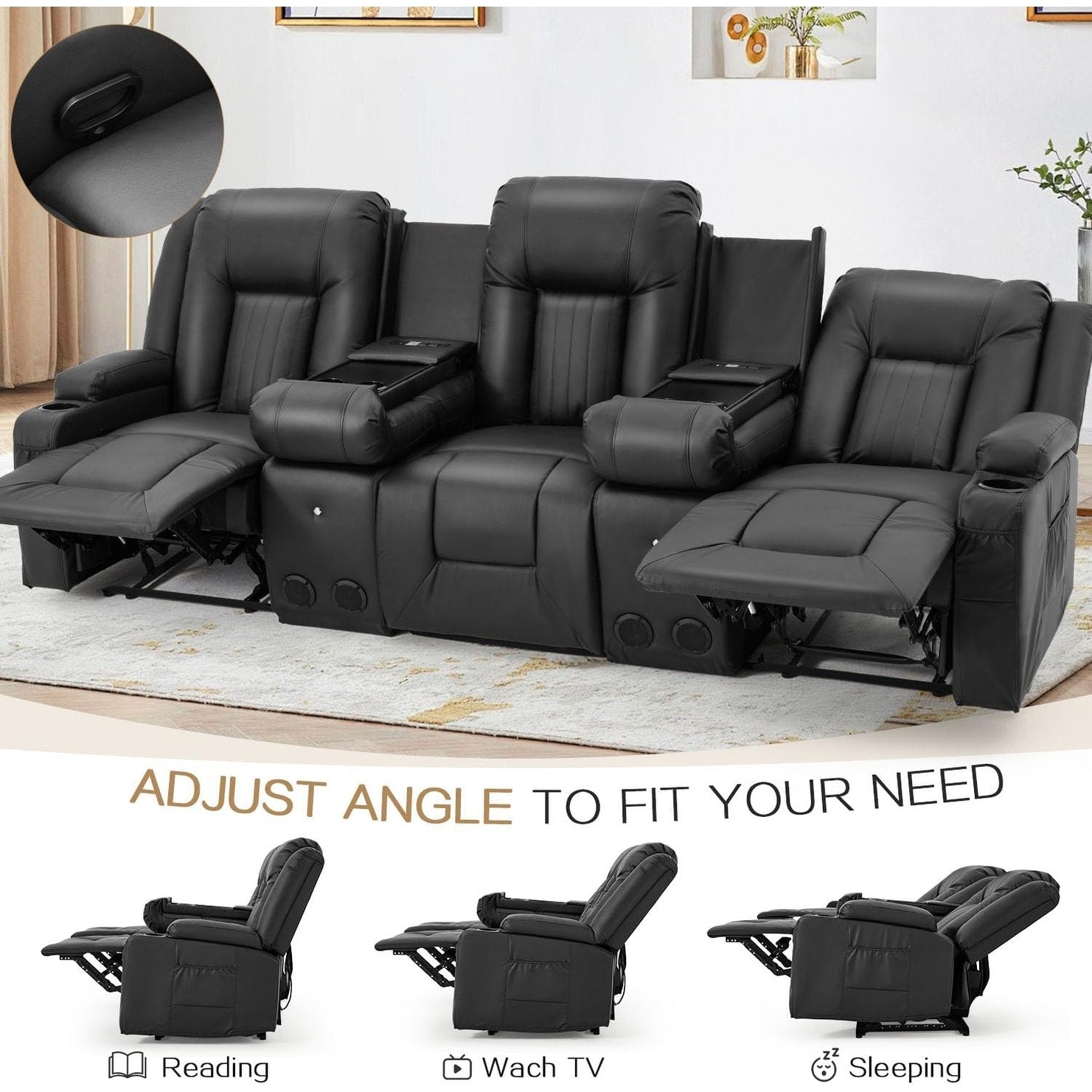 AECOJOY Recliner Sofa Manual RV Reclining Couch PU Home Theater Seating w/ Console