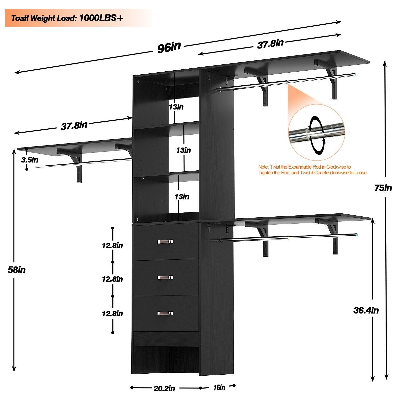 Rackcog 120'' Adjustable Closet Organizer with Drawers, Closet System with DIY Shelves for Reach-in and Walk-in Closet