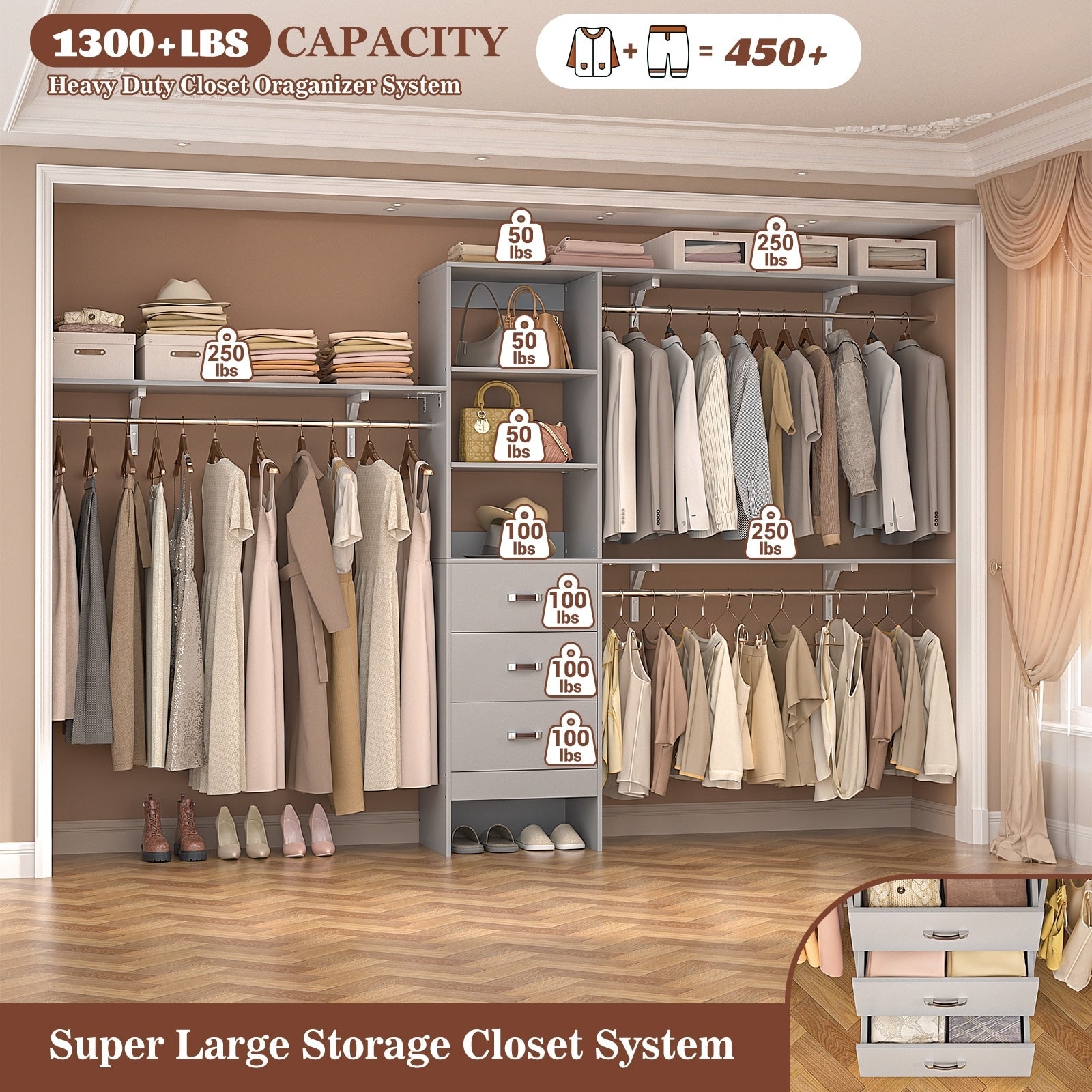 Rackcog 120'' Adjustable Closet Organizer with Drawers, Closet System with DIY Shelves for Reach-in and Walk-in Closet