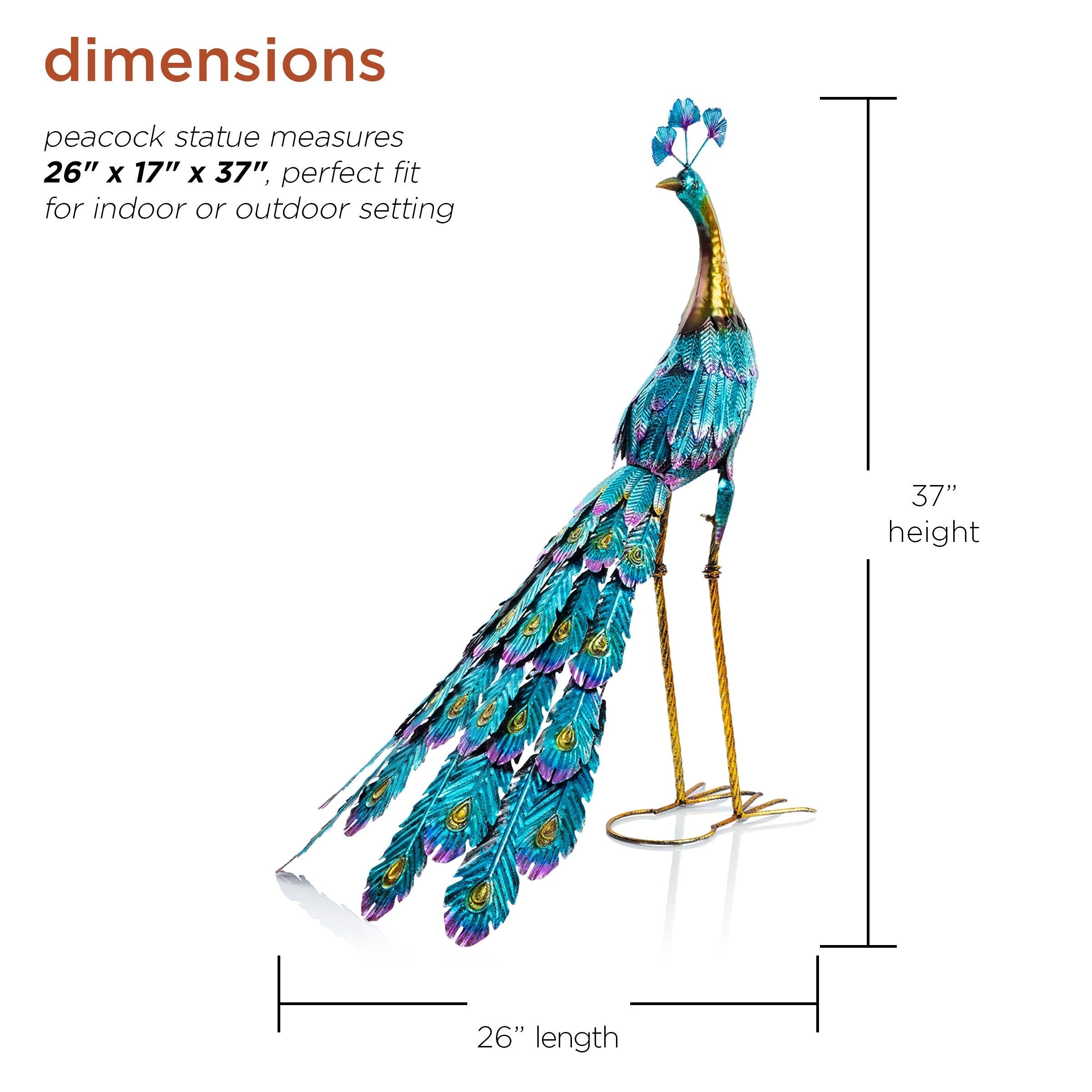 Alpine Corporation Tall Outdoor Metallic Peacock Standing Yard Statue Decoration, Multicolor