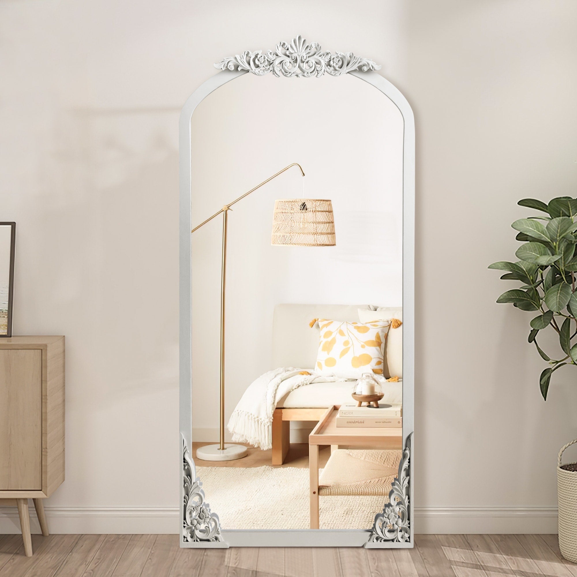 Arched Full-Length Solid Wood Carving Floor Mirror