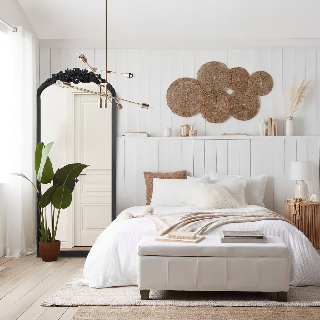 Arched Full-Length Solid Wood Carving Floor Mirror