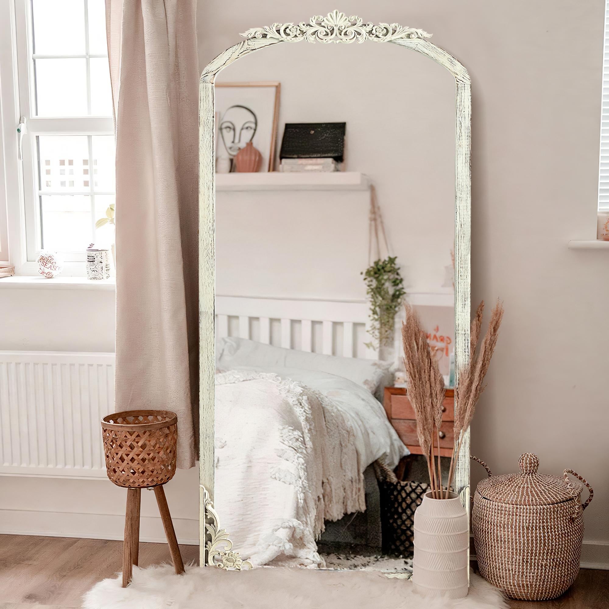 Arched Full-Length Solid Wood Carving Floor Mirror