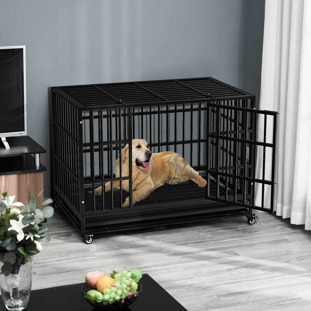 BOSSIN 48/38 inch Heavy Duty Indestructible Dog Crate, Escape Proof Dog Cage Kennel with Lockable Wheels