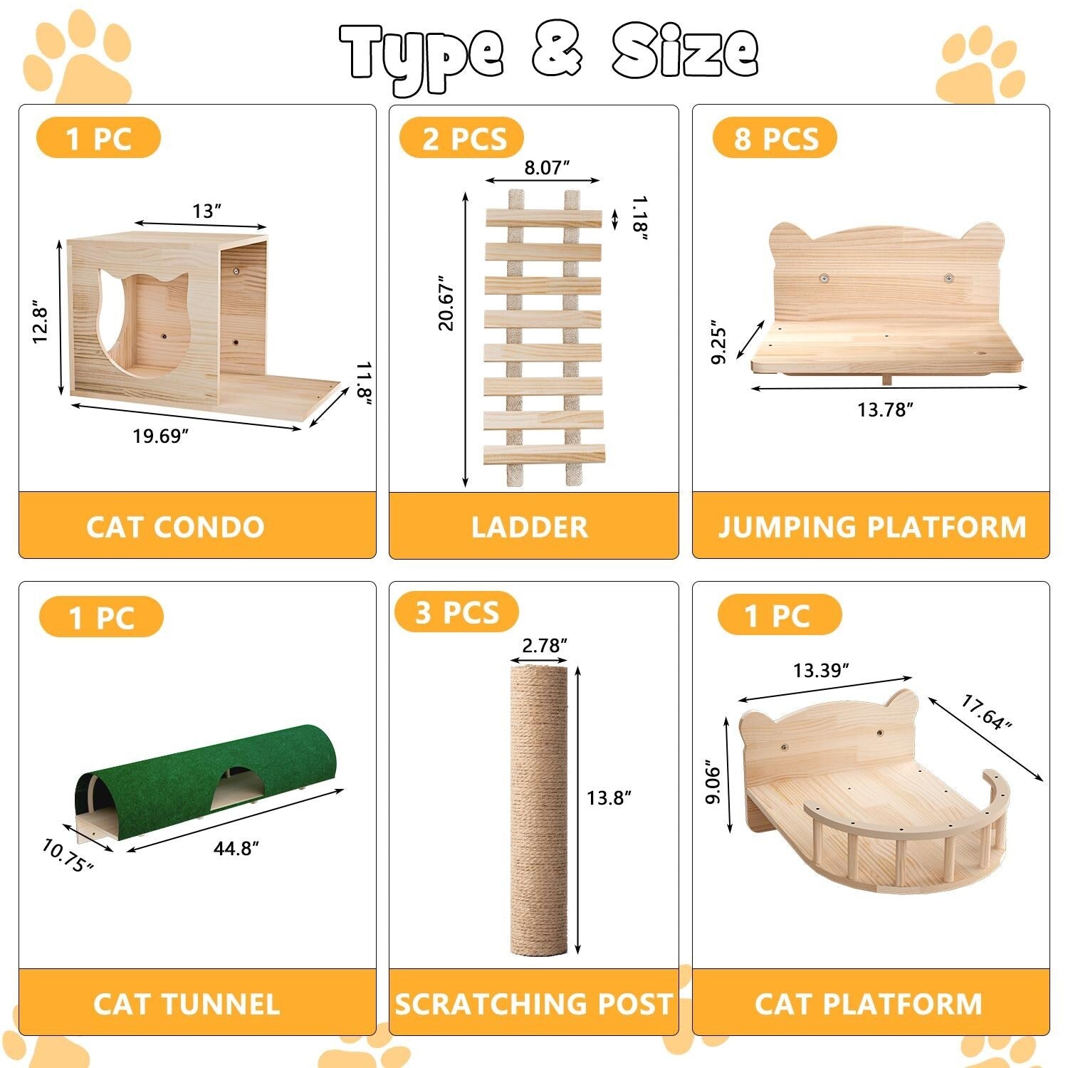BOSSIN 9/16/18-Piece Pine Cat Wall Climbing System - Wall-Mounted Shelves Set with Cat Bed, Scratching Post & Tunnel