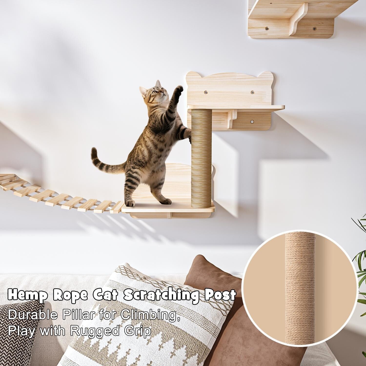 BOSSIN 9/16/18-Piece Pine Cat Wall Climbing System - Wall-Mounted Shelves Set with Cat Bed, Scratching Post & Tunnel