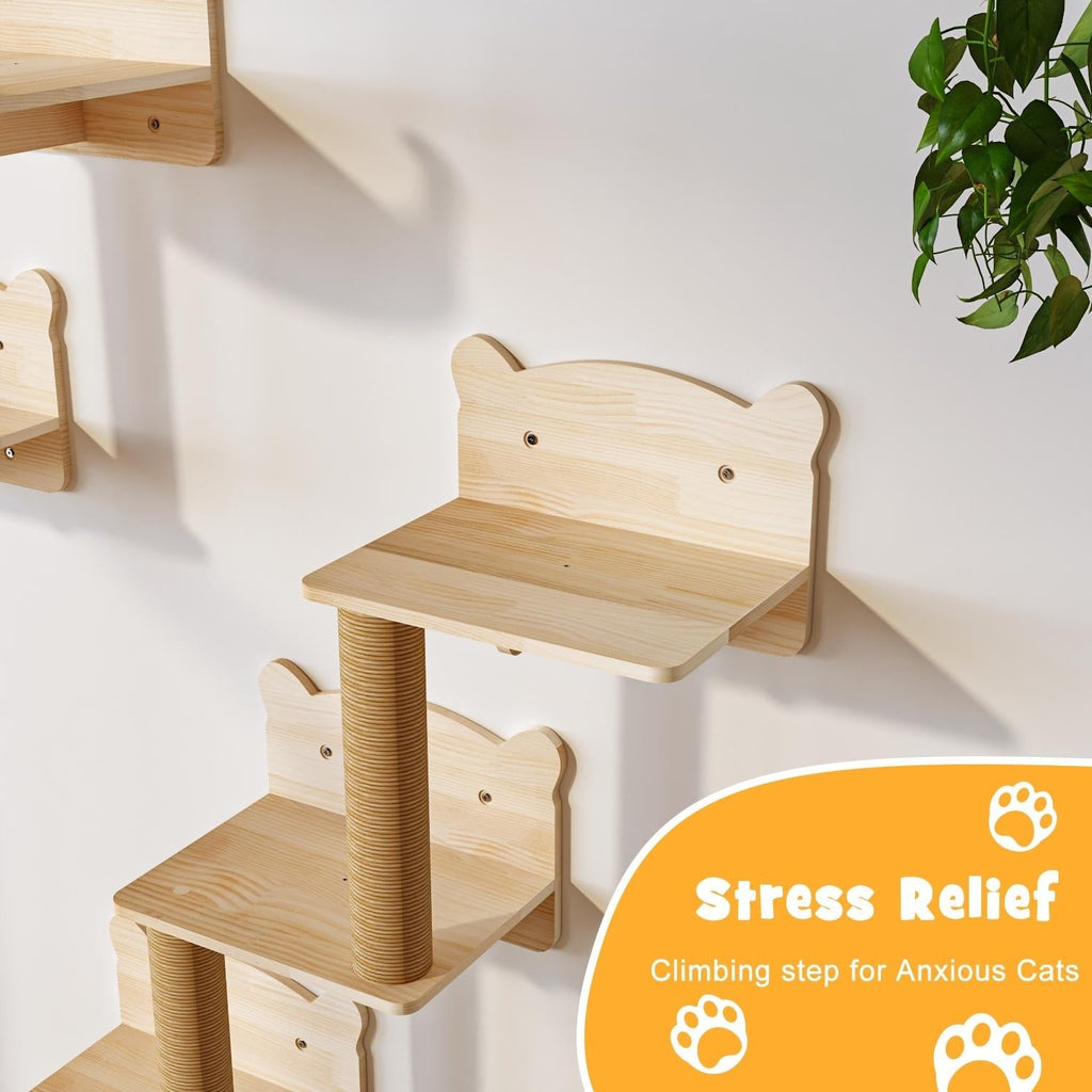 BOSSIN 9/16/18-Piece Pine Cat Wall Climbing System - Wall-Mounted Shelves Set with Cat Bed, Scratching Post & Tunnel