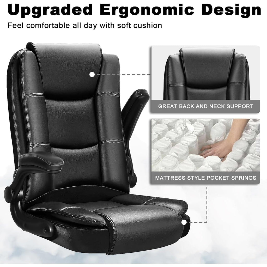 BOSSIN Big and Tall Office Chair Ergonomic High Back Computer Adjustable Height Leather Executive Chair with Padded Flip-up Arms