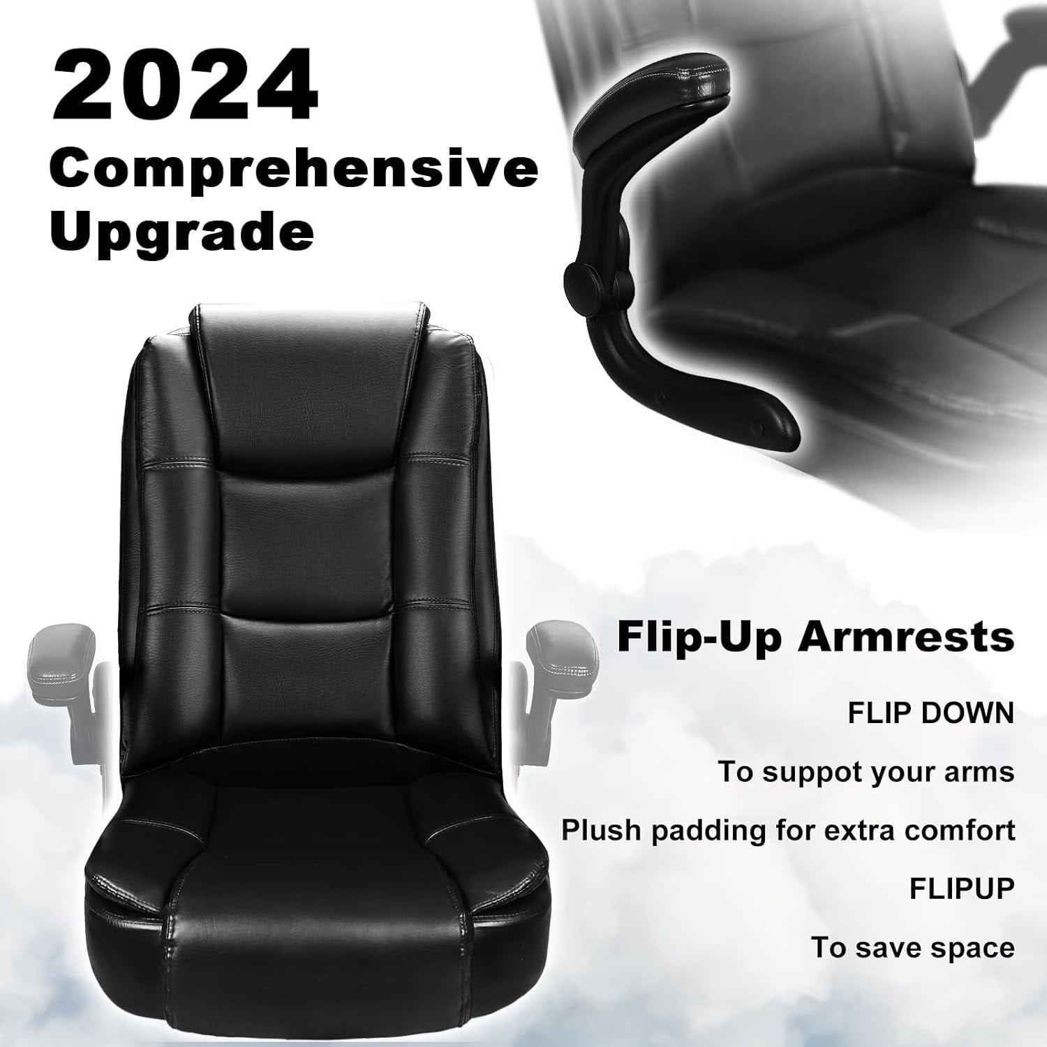 BOSSIN Big and Tall Office Chair Ergonomic High Back Computer Adjustable Height Leather Executive Chair with Padded Flip-up Arms