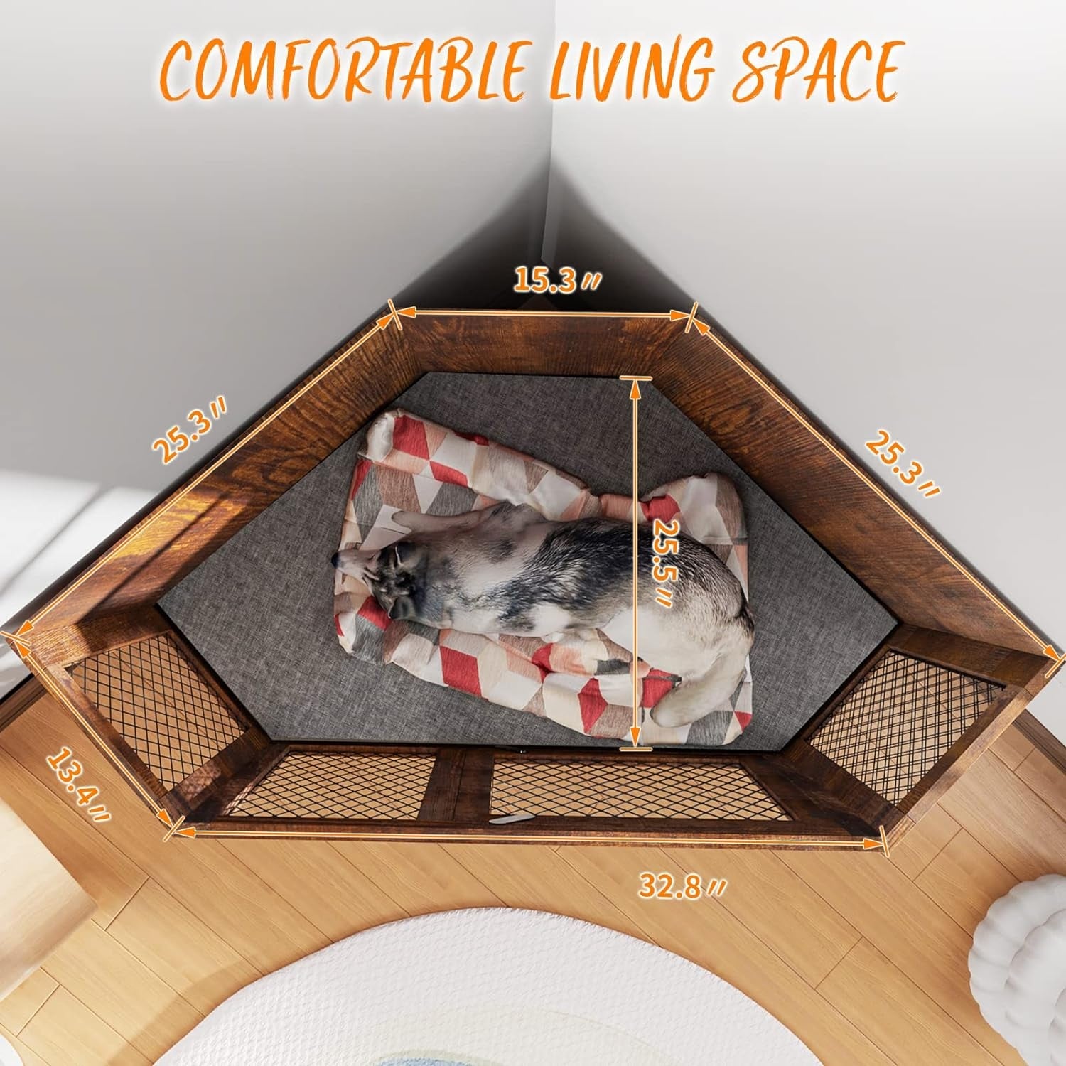 BOSSIN Corner Dog Crate Furniture,44/52 inch Wooden Dog Kennel Furniture with Mesh,Decorative Wood Dog House for Indoor use