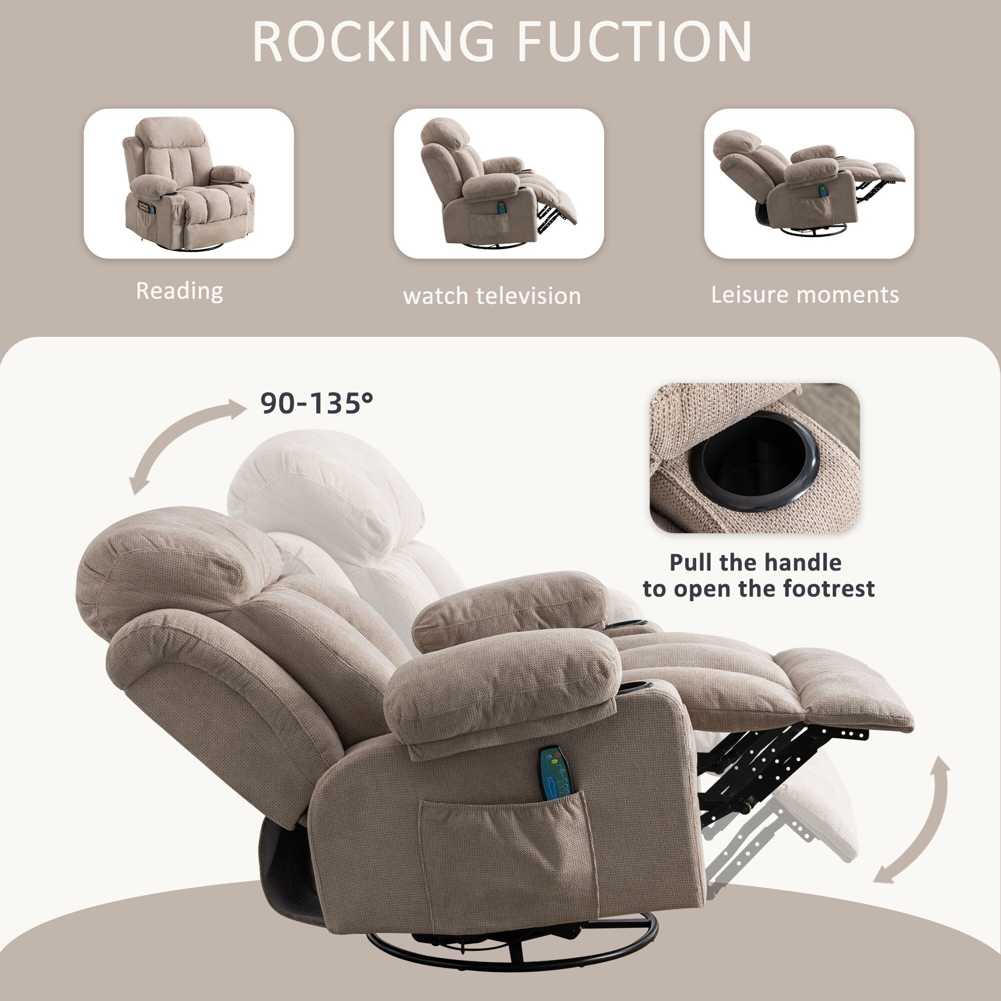 Beige Swivel Recliner with Massage, Heat & USB Charging