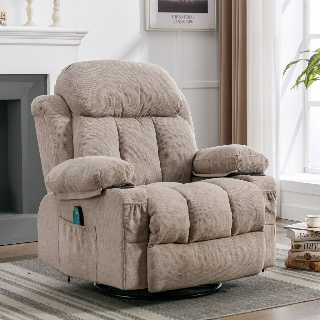 Beige Swivel Recliner with Massage, Heat & USB Charging