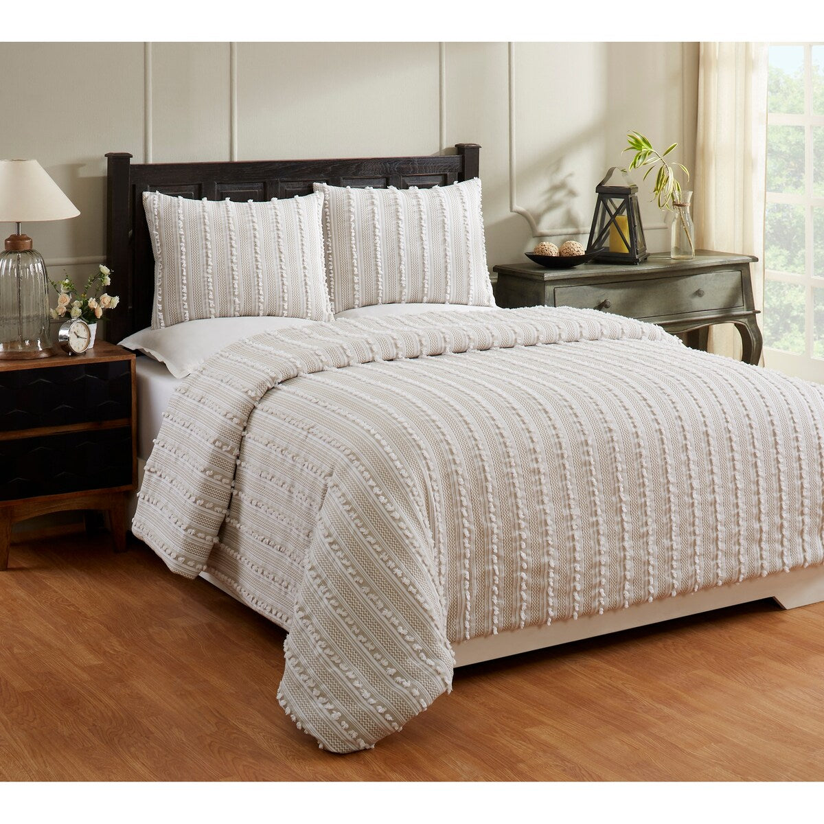 Better Trends Angelique Comforter Set 100% Cotton Tufted Soft Plush Chenille Elegant Stripes Machine Washable & Tumble Dry