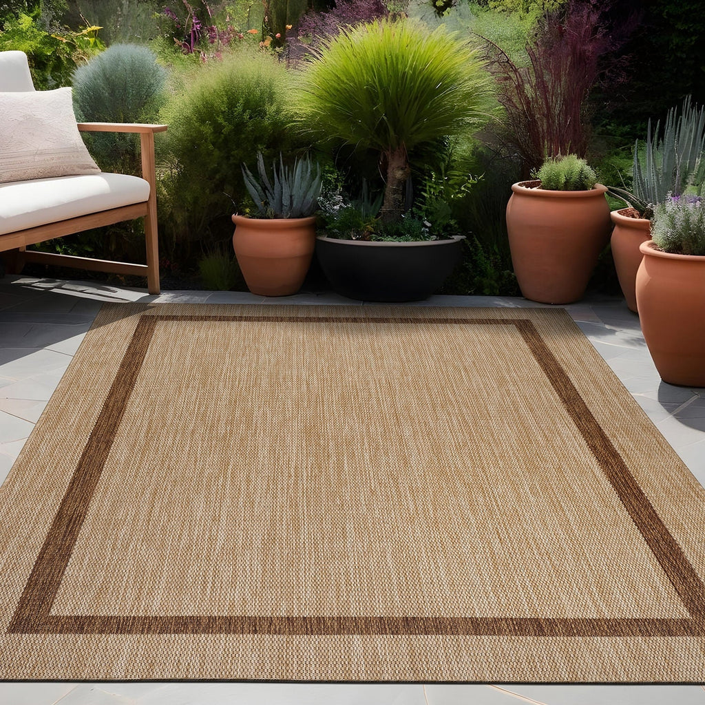 Beverly Rug Modern Bordered Indoor Outdoor Rug, Outside Carpet for Patio, Deck, Porch