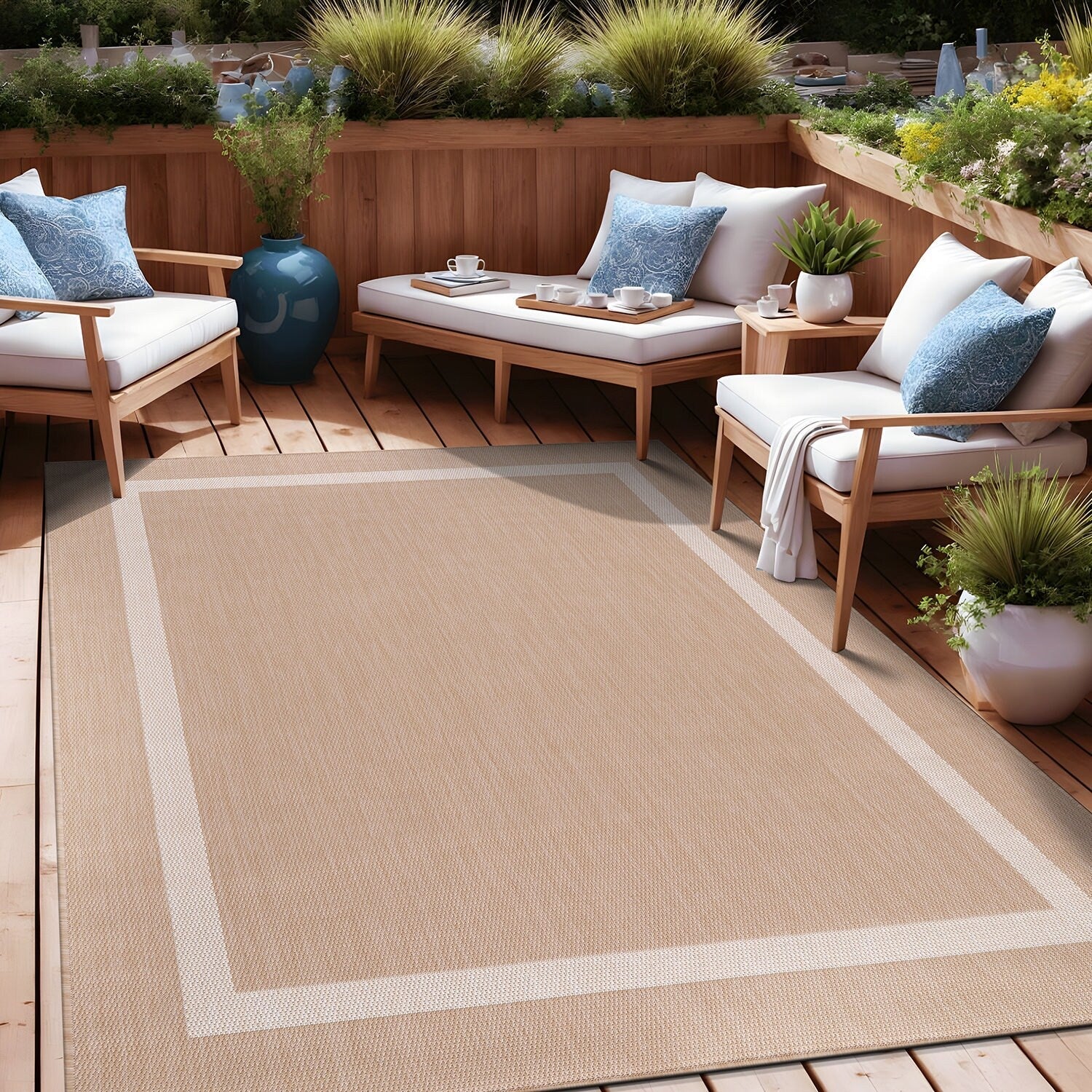 Beverly Rug Modern Bordered Indoor Outdoor Rug, Outside Carpet for Patio, Deck, Porch