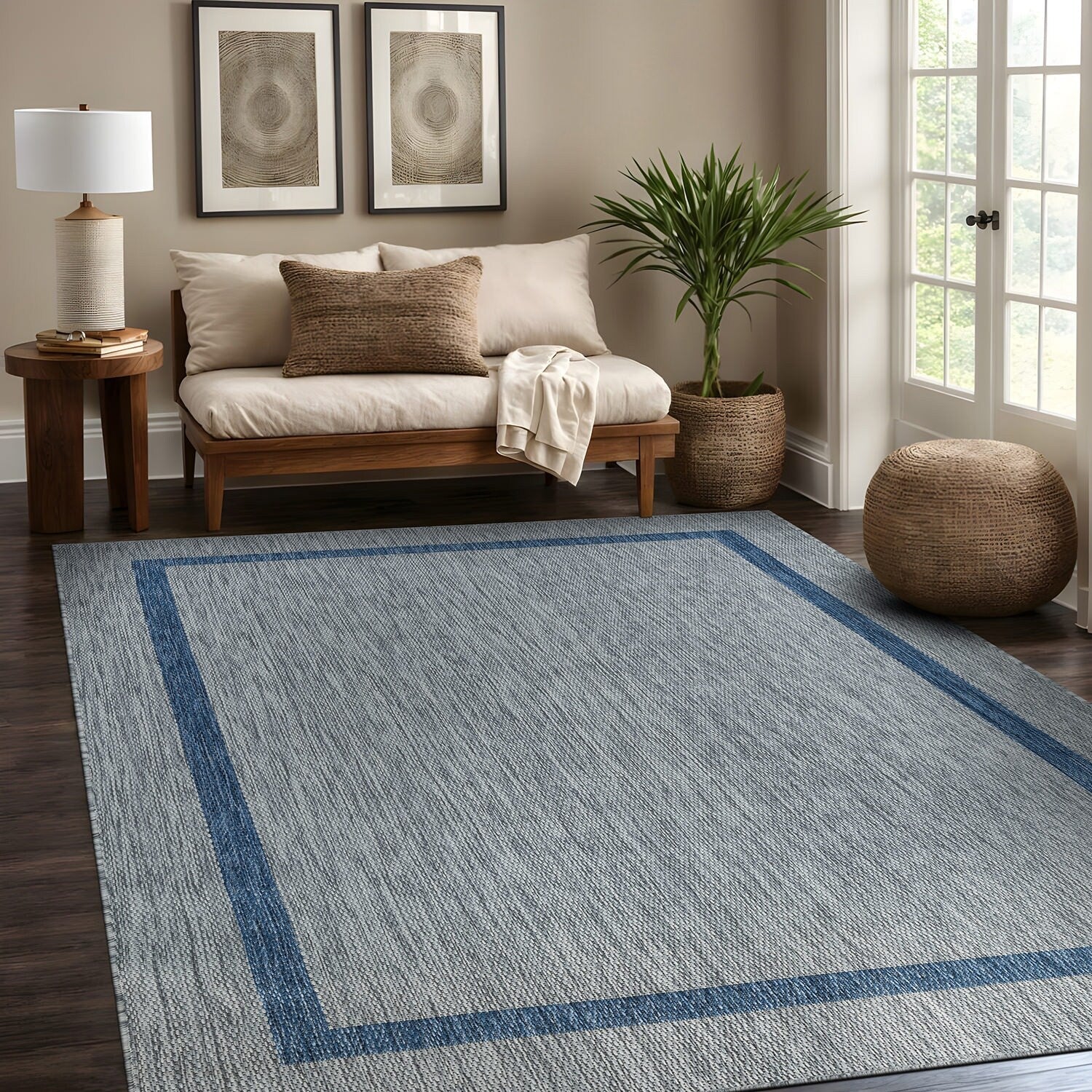 Beverly Rug Modern Bordered Indoor Outdoor Rug, Outside Carpet for Patio, Deck, Porch