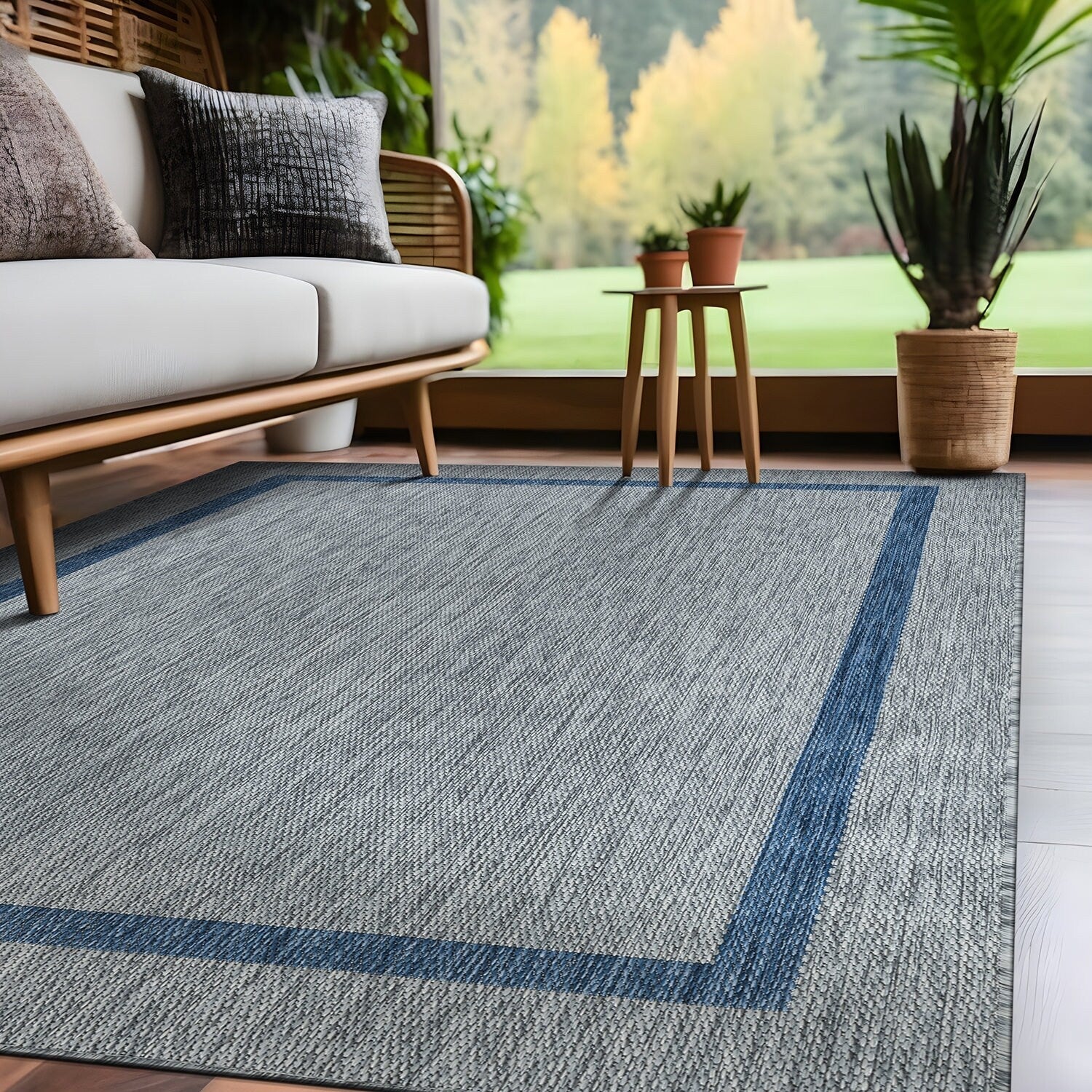 Beverly Rug Modern Bordered Indoor Outdoor Rug, Outside Carpet for Patio, Deck, Porch
