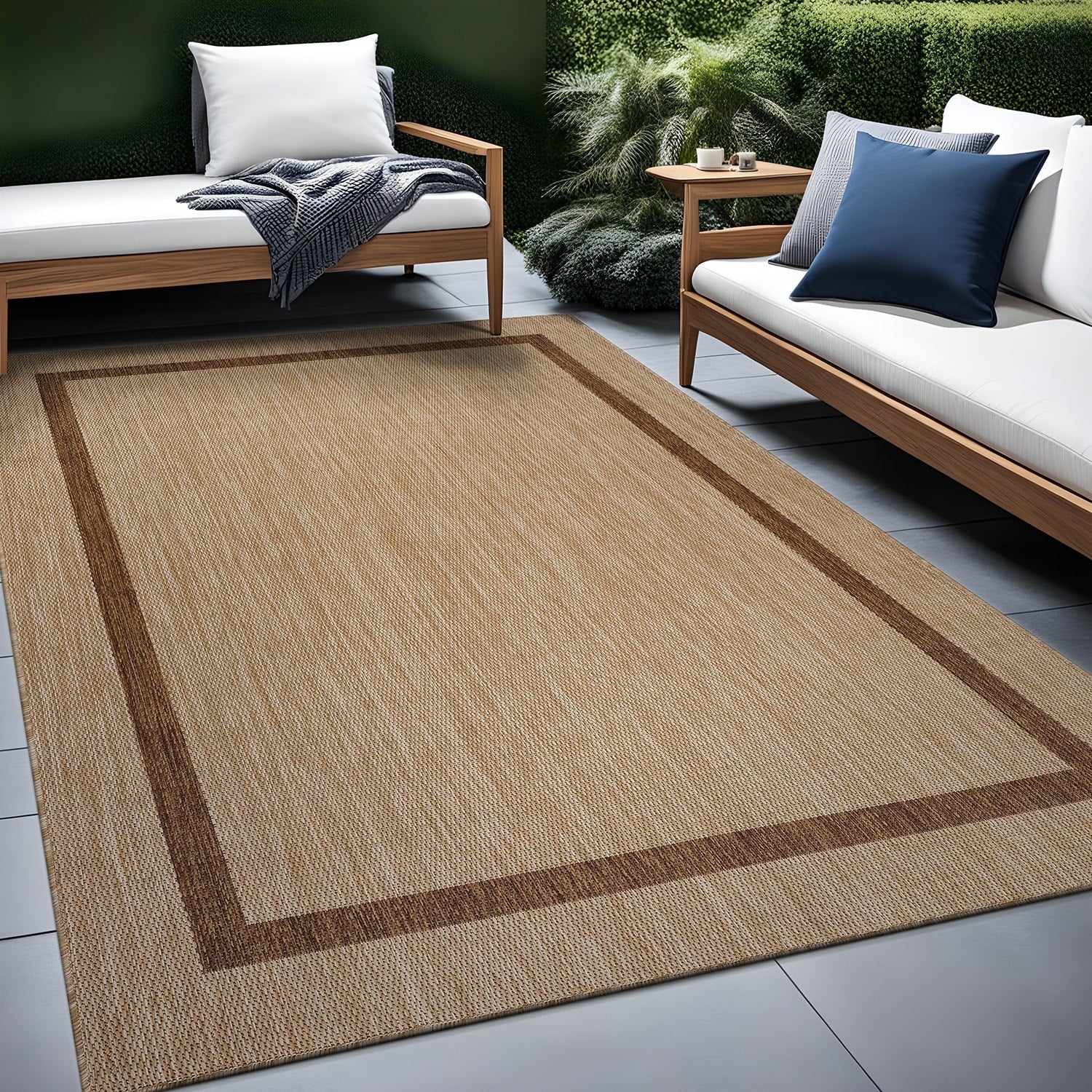 Beverly Rug Modern Bordered Indoor Outdoor Rug, Outside Carpet for Patio, Deck, Porch