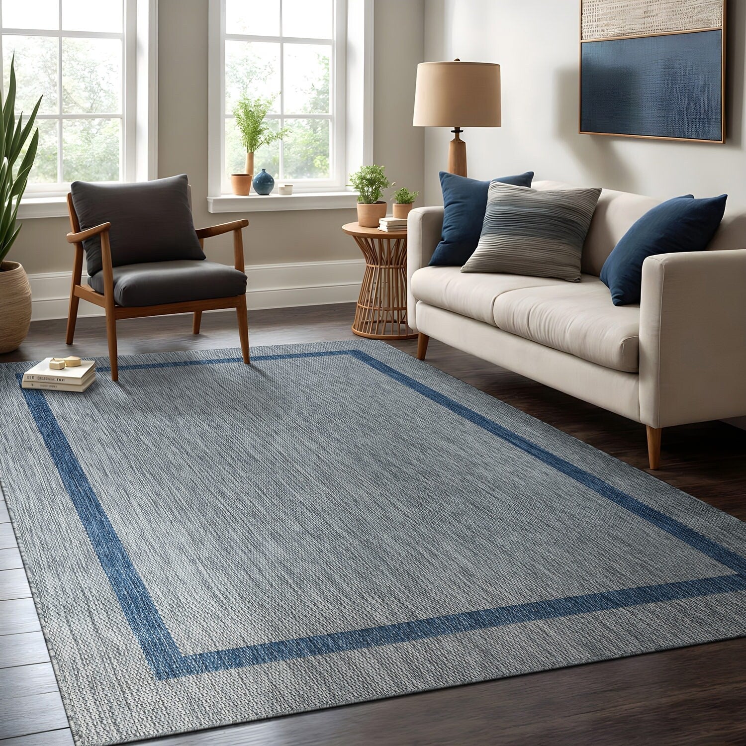 Beverly Rug Modern Bordered Indoor Outdoor Rug, Outside Carpet for Patio, Deck, Porch