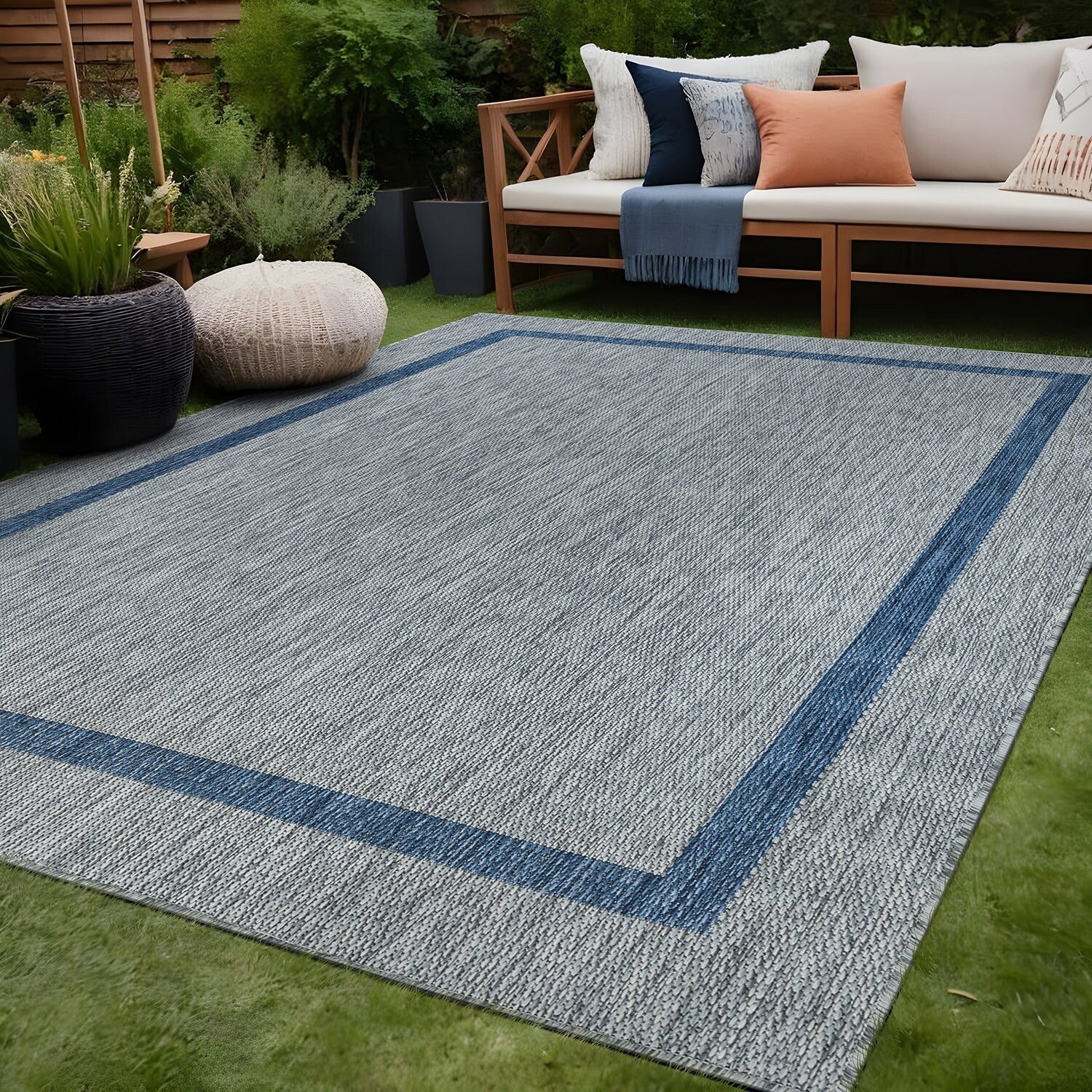 Beverly Rug Modern Bordered Indoor Outdoor Rug, Outside Carpet for Patio, Deck, Porch