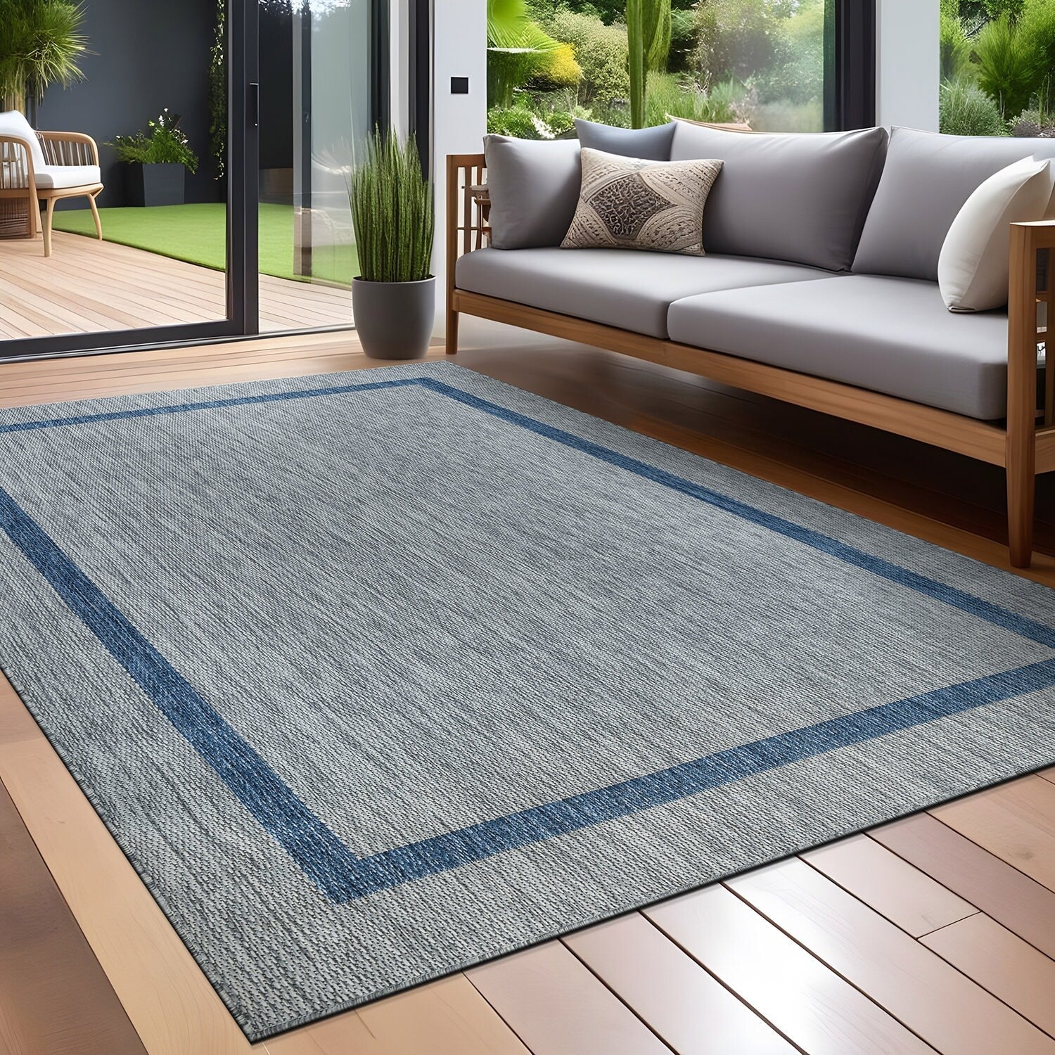 Beverly Rug Modern Bordered Indoor Outdoor Rug, Outside Carpet for Patio, Deck, Porch