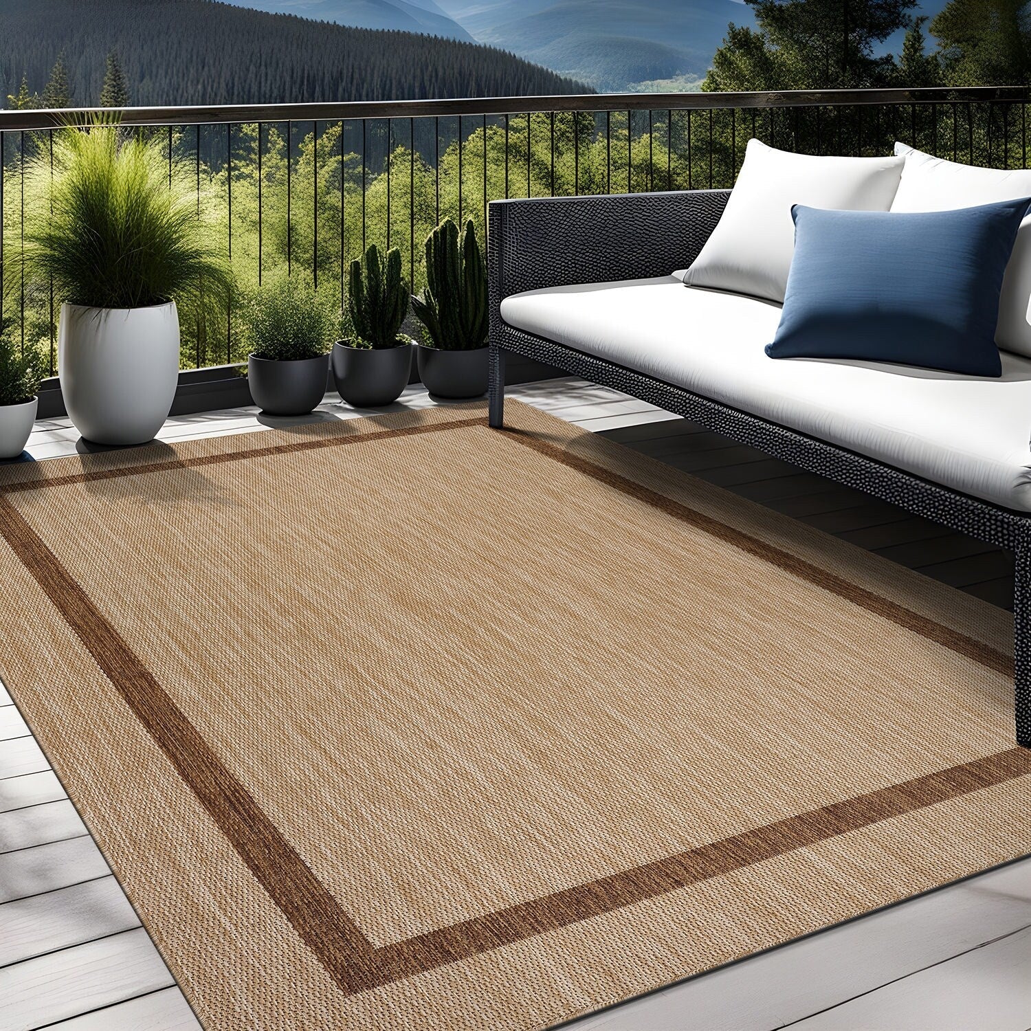 Beverly Rug Modern Bordered Indoor Outdoor Rug, Outside Carpet for Patio, Deck, Porch