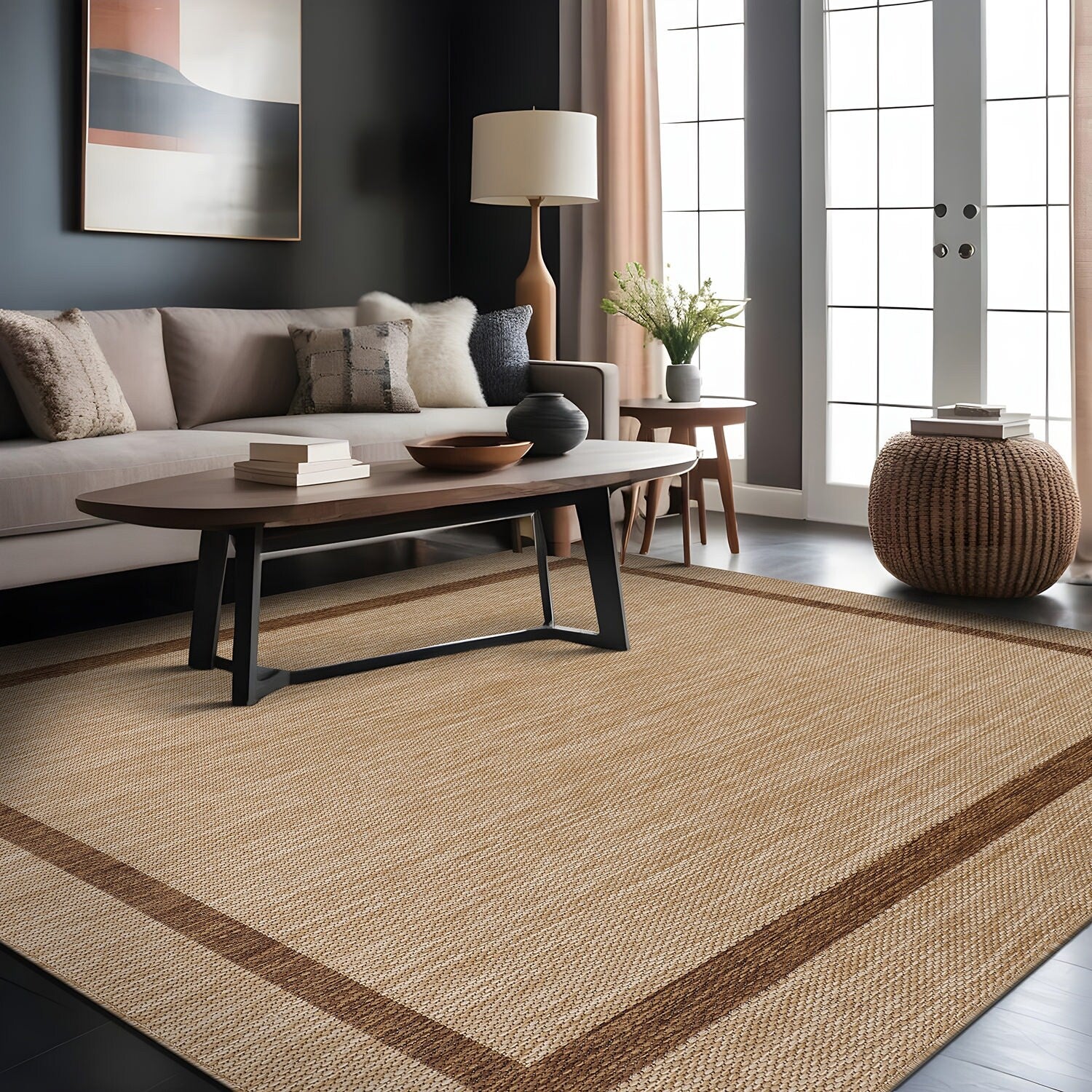 Beverly Rug Modern Bordered Indoor Outdoor Rug, Outside Carpet for Patio, Deck, Porch
