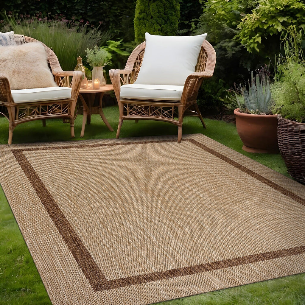 Beverly Rug Modern Bordered Indoor Outdoor Rug, Outside Carpet for Patio, Deck, Porch