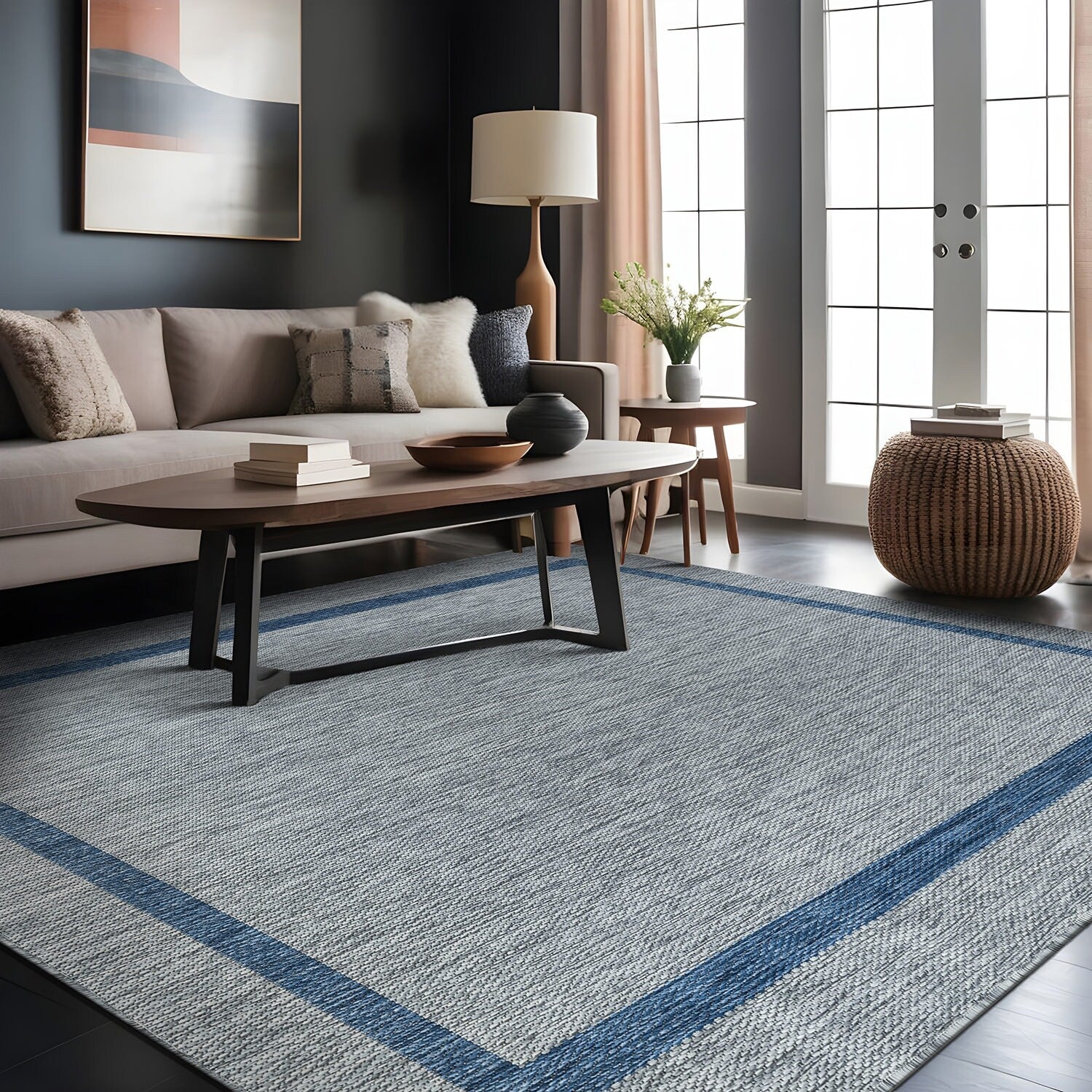 Beverly Rug Modern Bordered Indoor Outdoor Rug, Outside Carpet for Patio, Deck, Porch