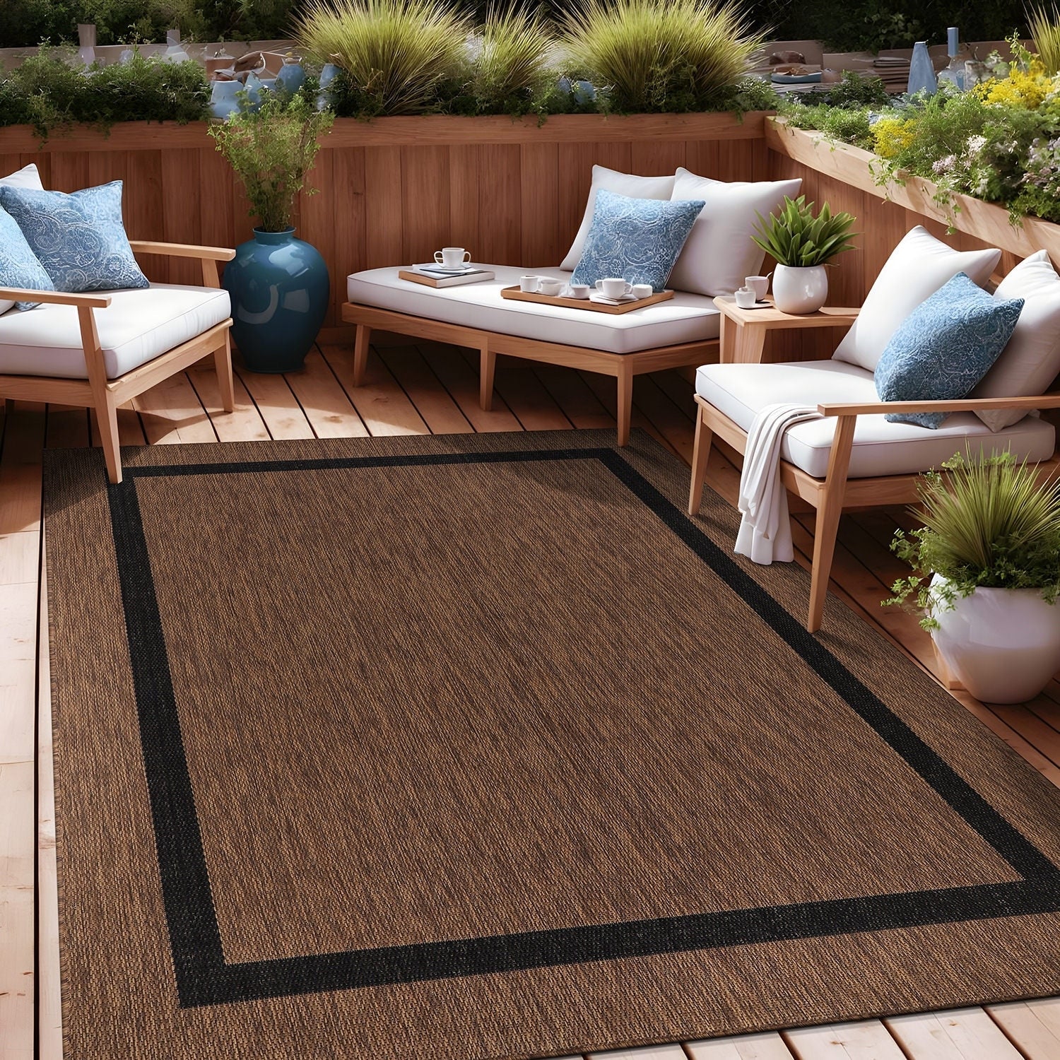 Beverly Rug Modern Bordered Indoor Outdoor Rug, Outside Carpet for Patio, Deck, Porch