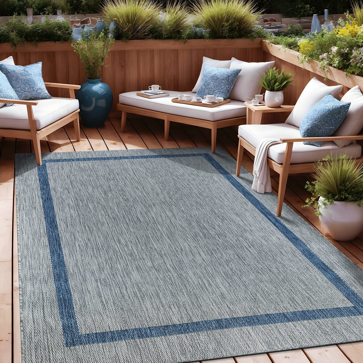 Beverly Rug Modern Bordered Indoor Outdoor Rug, Outside Carpet for Patio, Deck, Porch