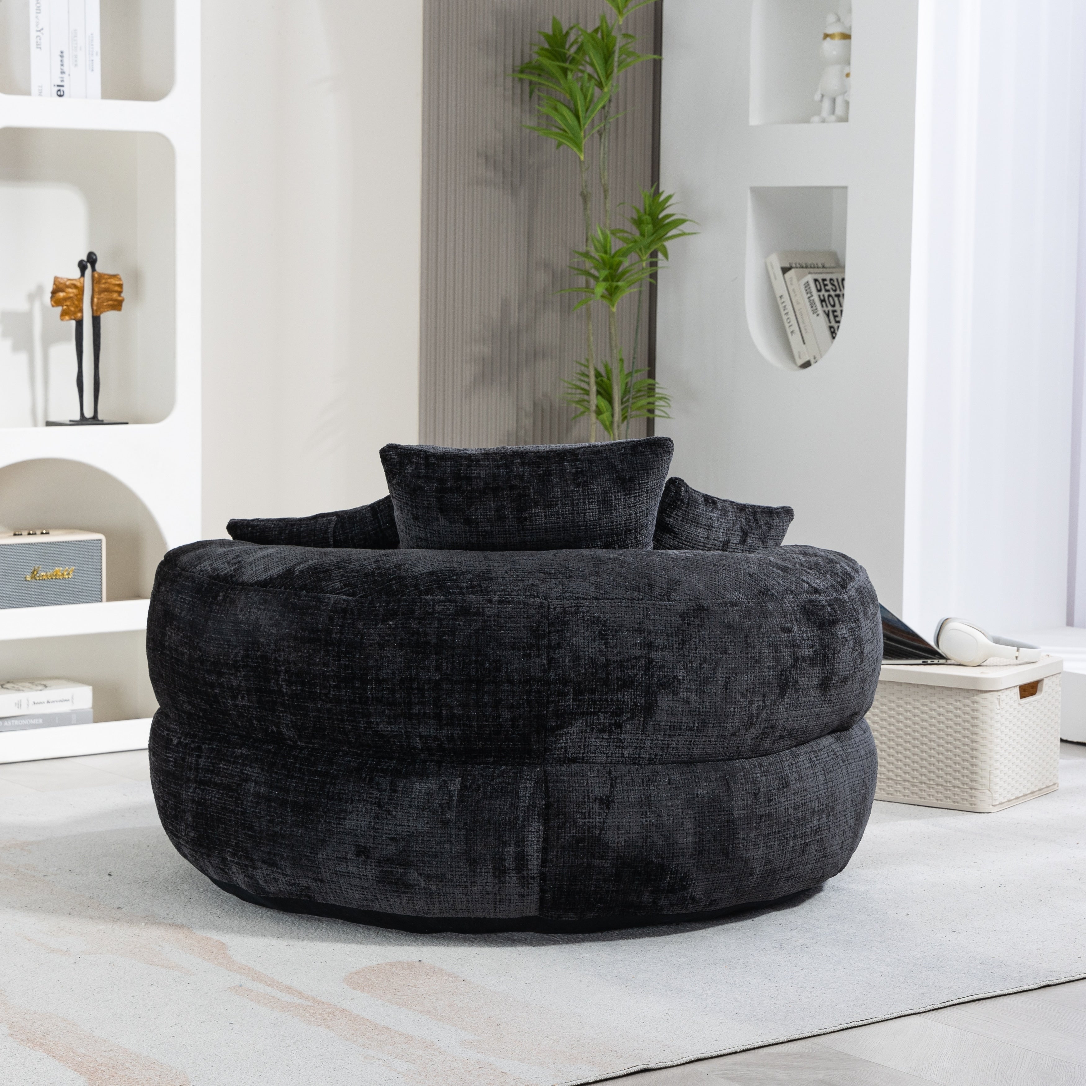 Black Oversized 42.52 Chenille Lazy Bean Bag Single Sofa with Three Pillows for Bedroom