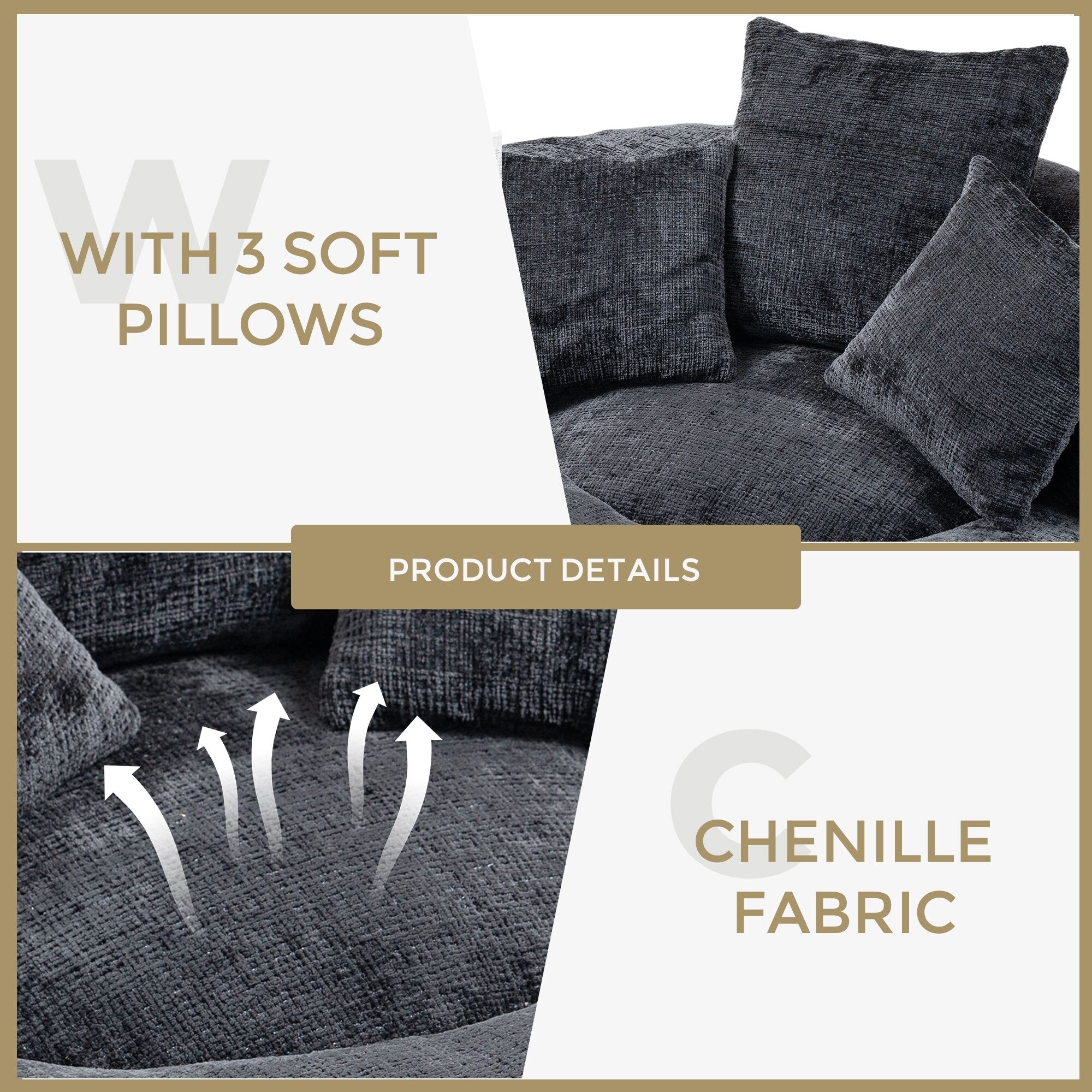 Black Oversized 42.52 Chenille Lazy Bean Bag Single Sofa with Three Pillows for Bedroom