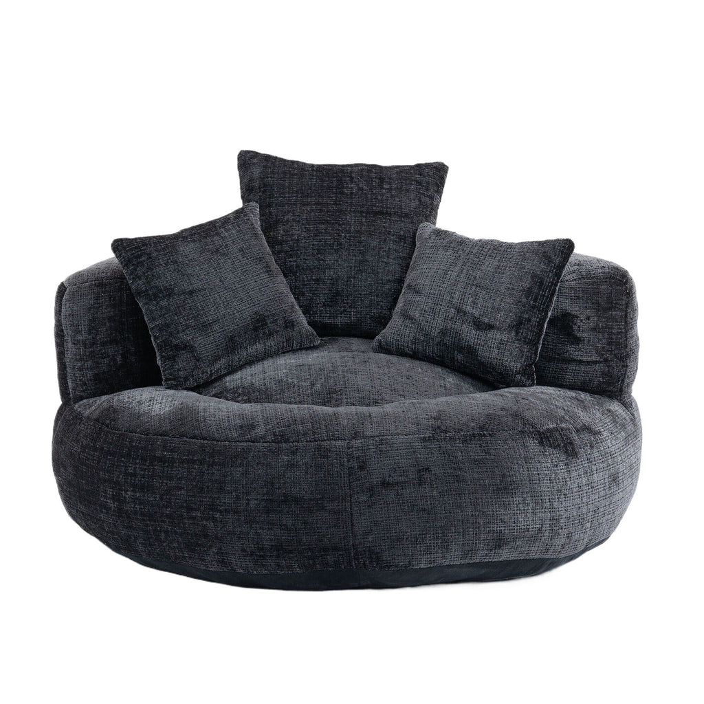 Black Oversized 42.52 Chenille Lazy Bean Bag Single Sofa with Three Pillows for Bedroom