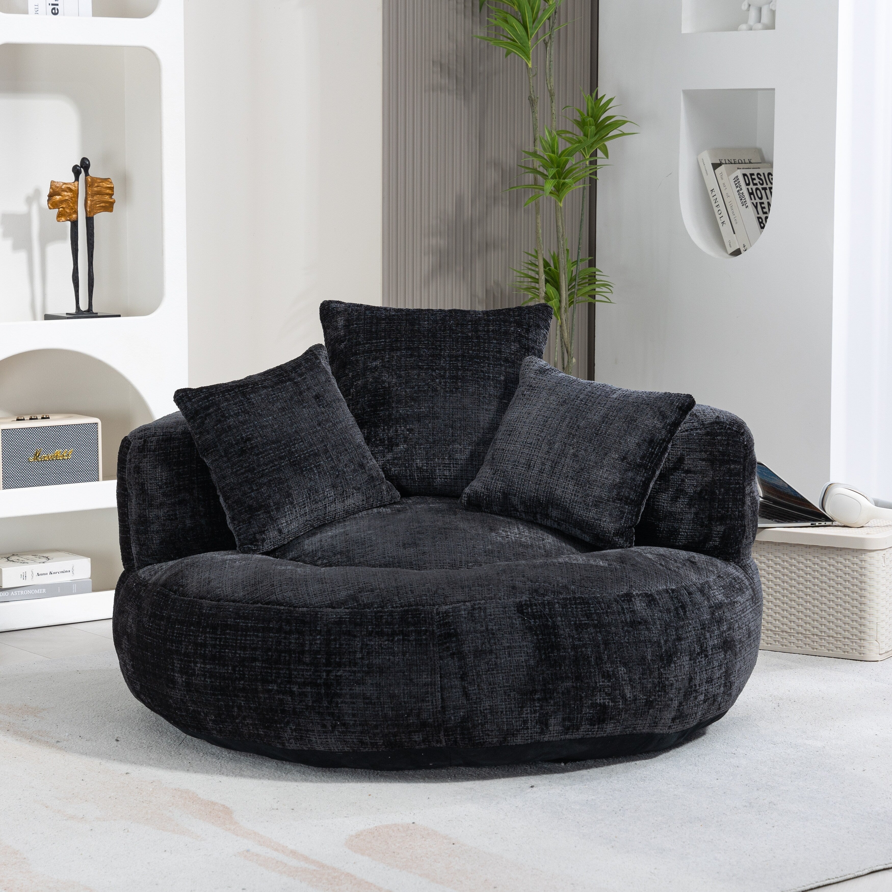 Black Oversized 42.52 Chenille Lazy Bean Bag Single Sofa with Three Pillows for Bedroom