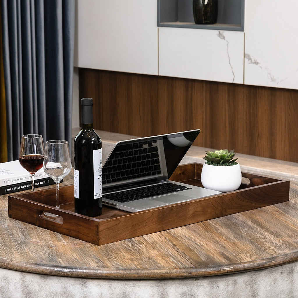 KINWELL Rectangle Black Walnut Wood Serving Tray Ottoman Tray