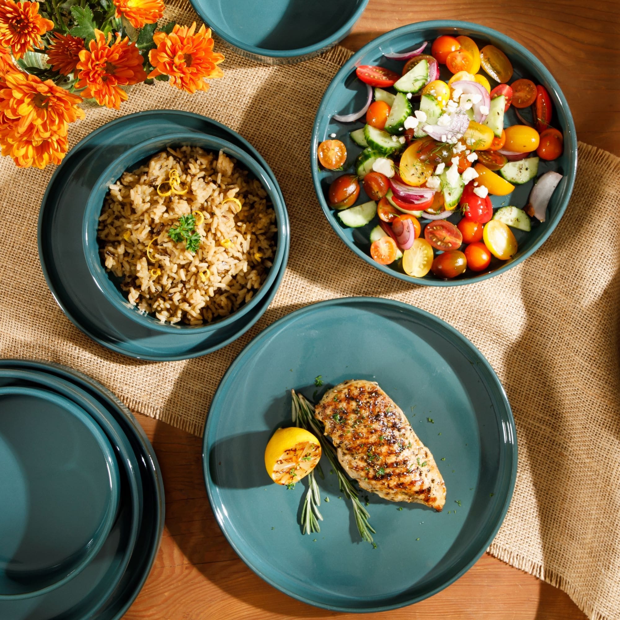 Bloomhouse Santorini Mist 16 Piece Double Bowl Terracotta Reactive Glaze Plates and Bowls Dinnerware Set