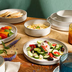 Bloomhouse Santorini Mist 16 Piece Double Bowl Terracotta Reactive Glaze Plates and Bowls Dinnerware Set