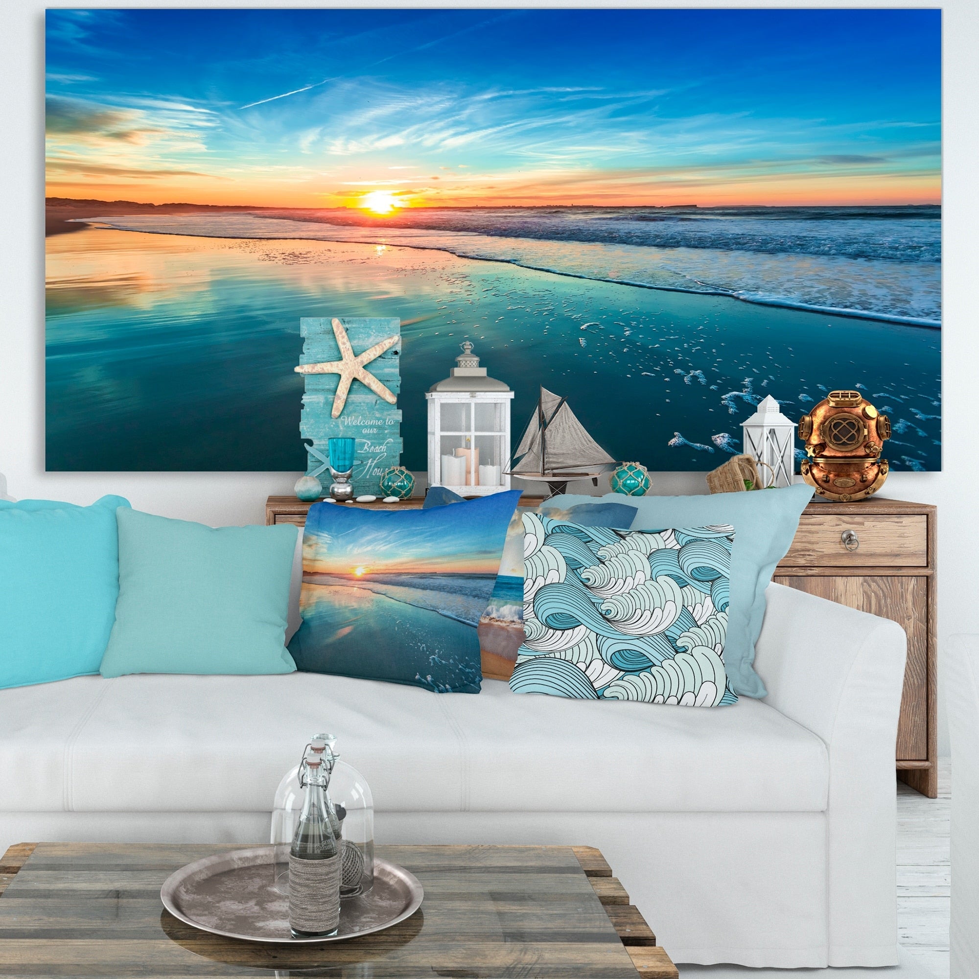 Blue Seashore with Distant Sunset - Seashore Canvas Wall Art