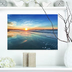 Blue Seashore with Distant Sunset - Seashore Canvas Wall Art