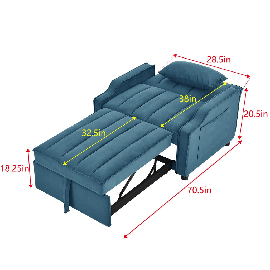 Blue Velvet Convertible Single Sleeper Sofa with Pull-out Bed