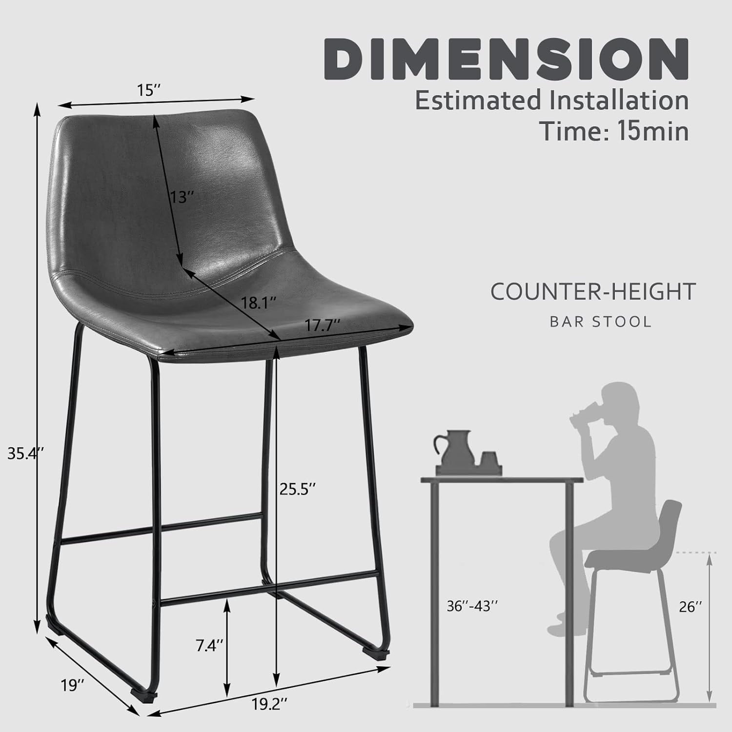 Bossin 18/26/30 inch Bar Stools,Counter Height Bar Stools with Back Modern PU Leather Stools Dining Chair with Footrest