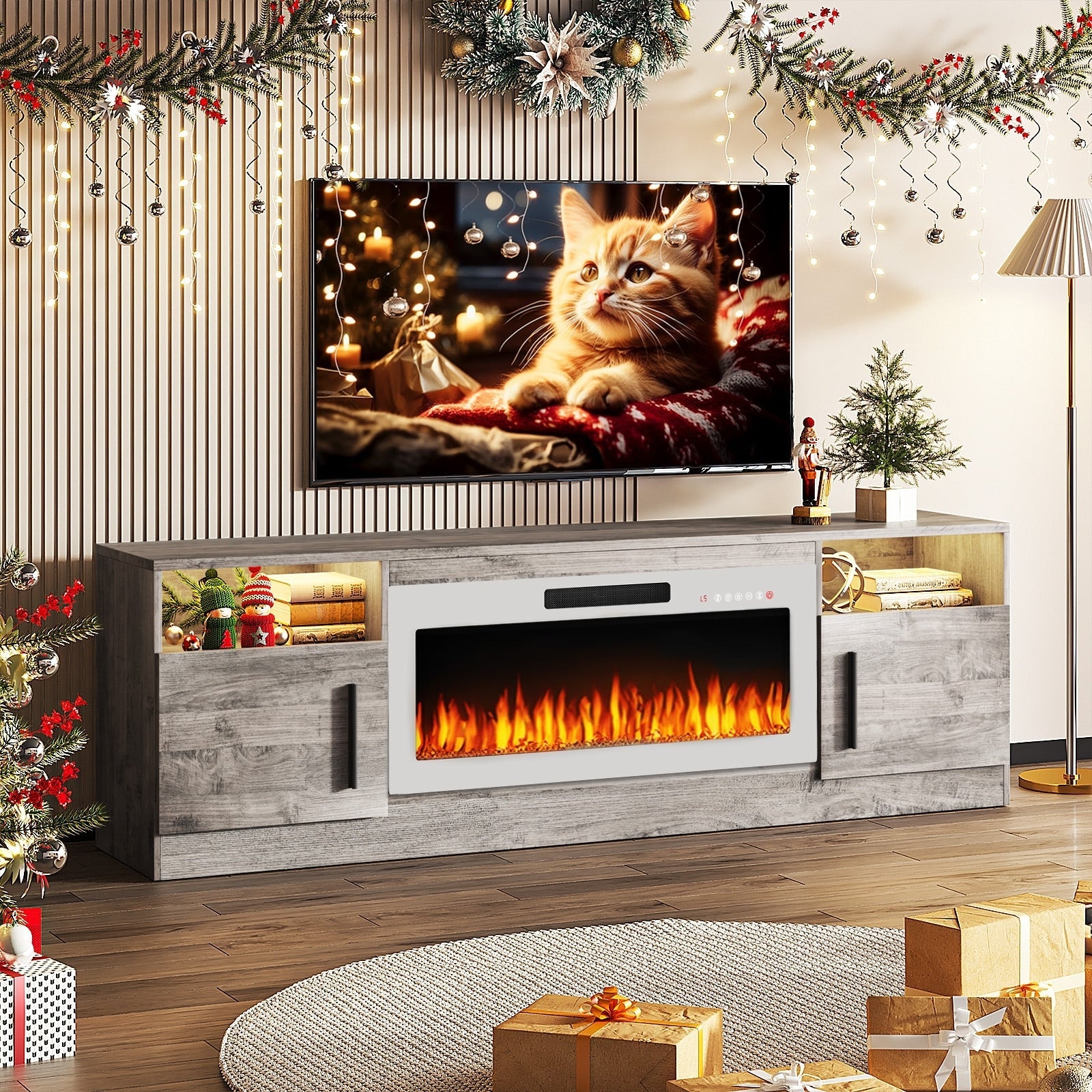 Bossin 70 Fireplace TV Stand with 36 Electric Fireplace, TV Stand for TVs Up to 80, 16 Colors LED Lights/Entertainment Center