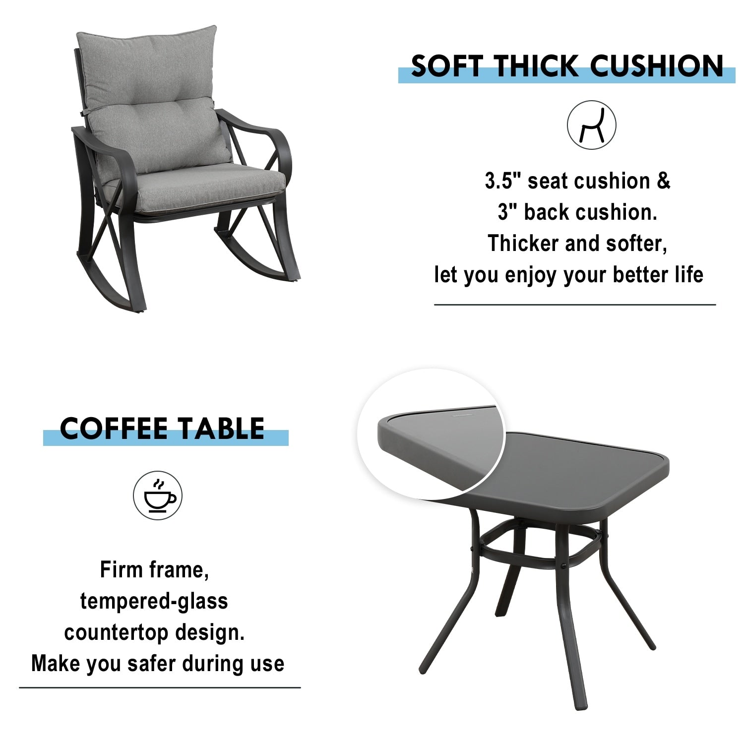 COSIEST 3-piece Outdoor Rocking Chair Chat Set with Side Table