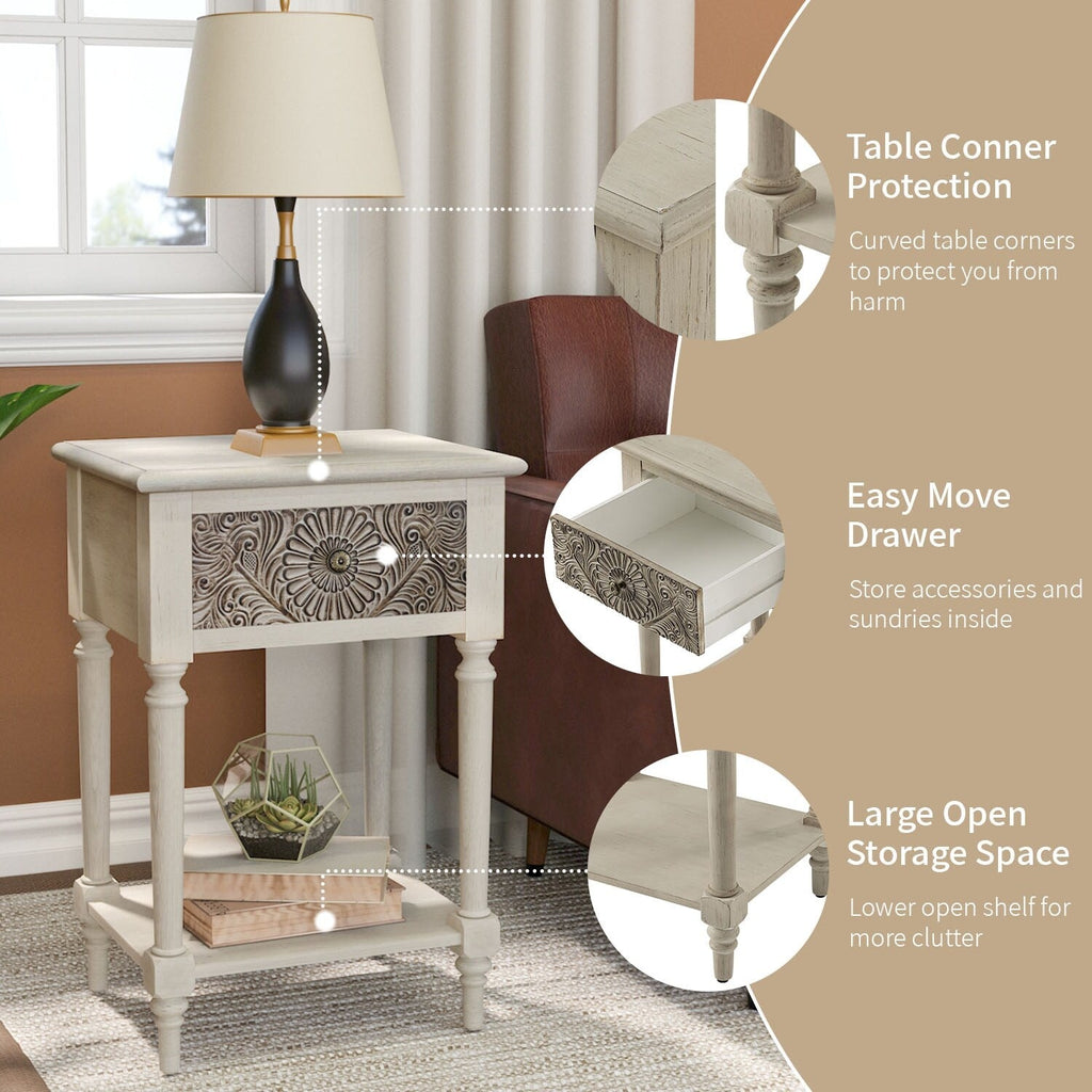 COSIEST Vintage Brown Pattern Solid Wood Nightstand with Drawers