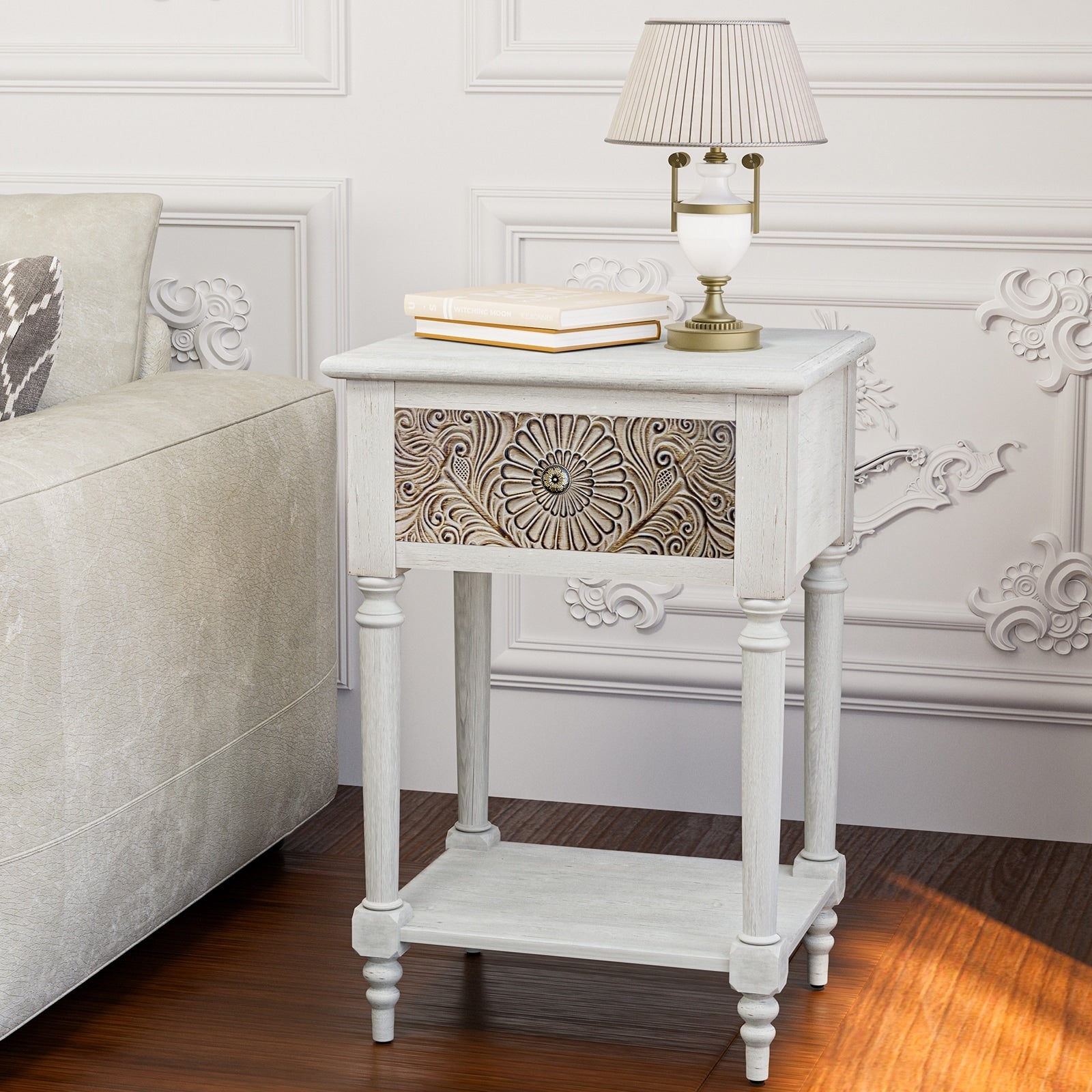 COSIEST Vintage Brown Pattern Solid Wood Nightstand with Drawers